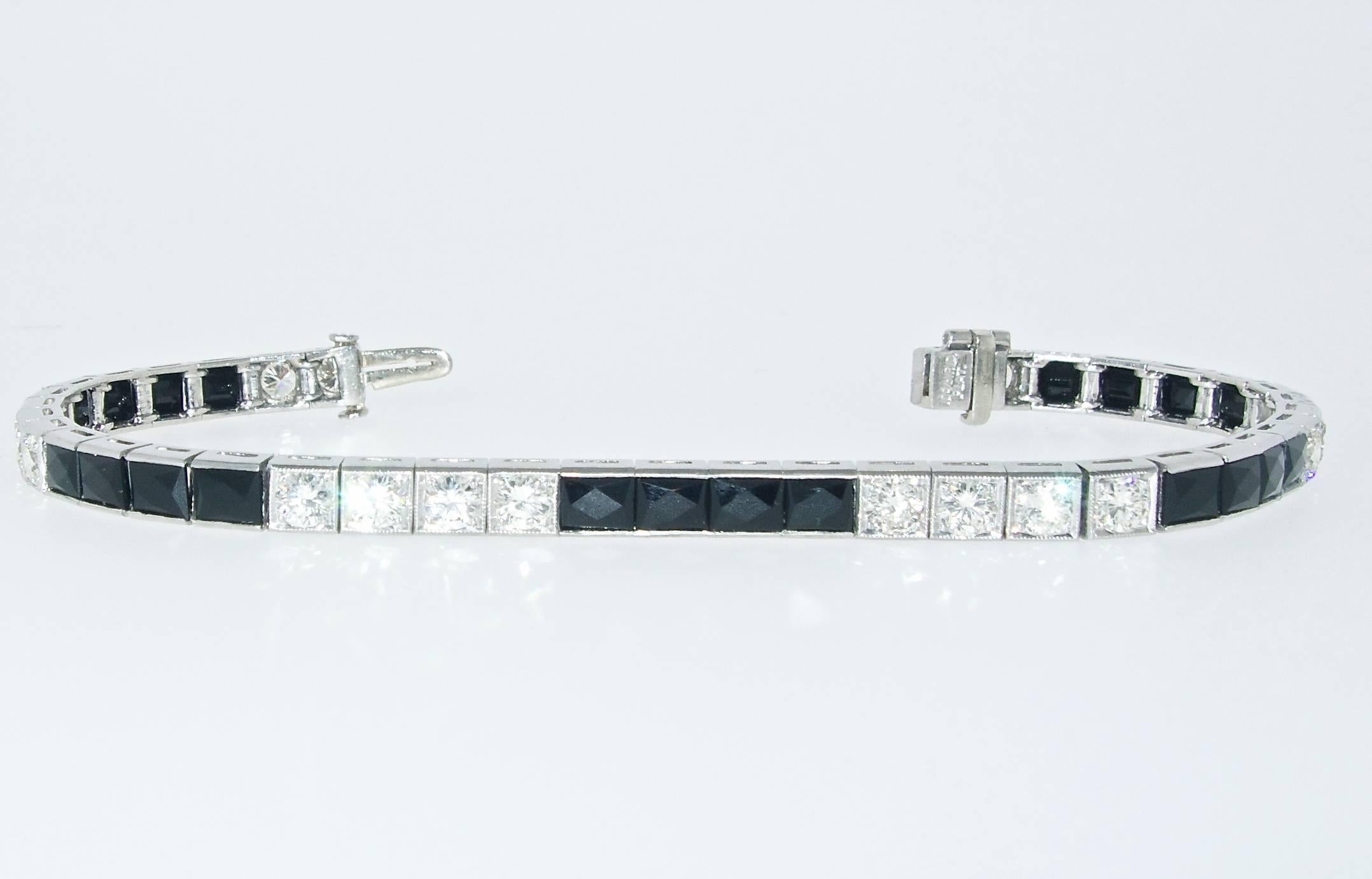 French Cut Art Deco Diamond and Onyx Bracelet, circa 1925