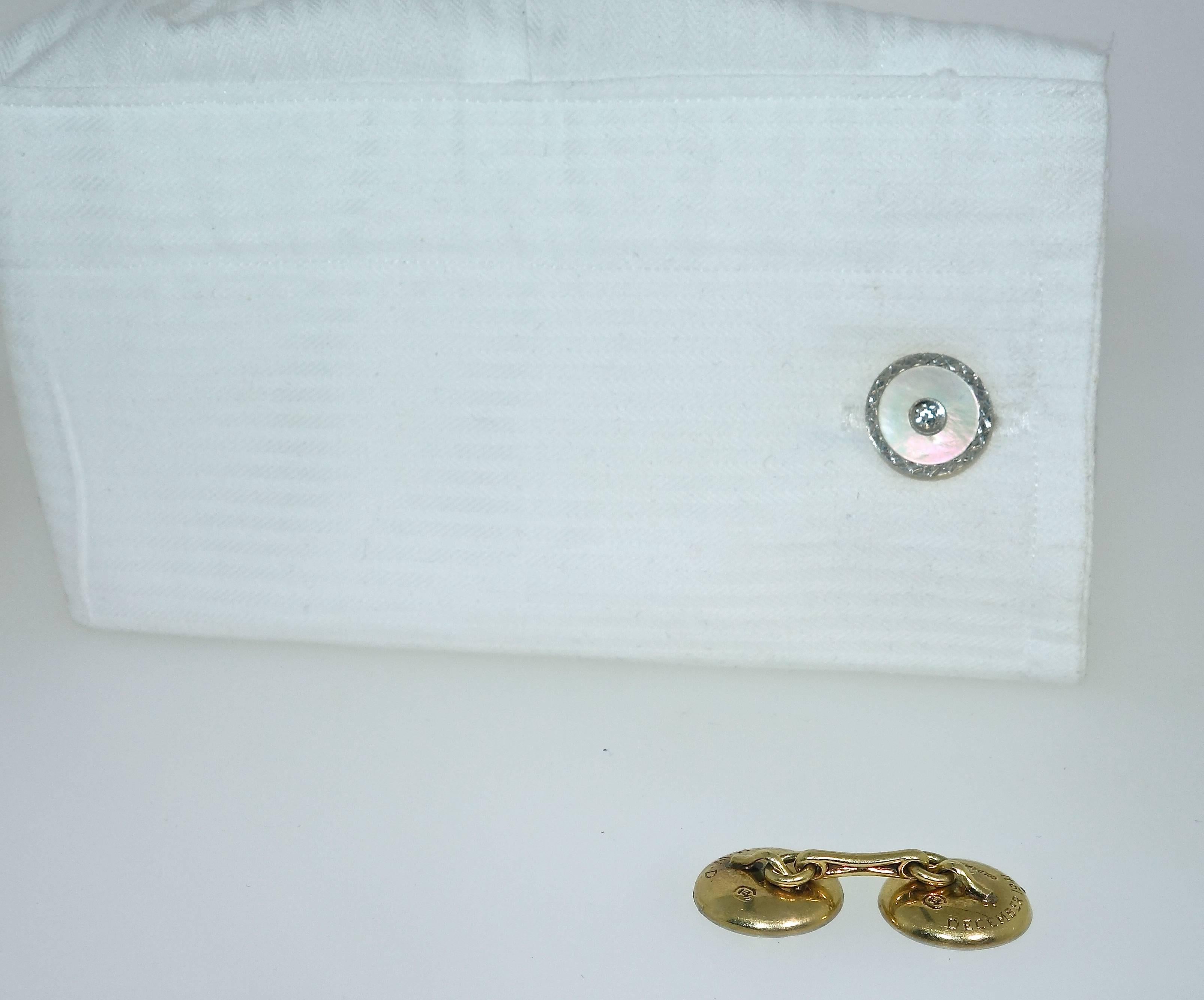Old European Cut Diamond Cufflinks with Mother-of-Pearl in Platinum, circa 1925