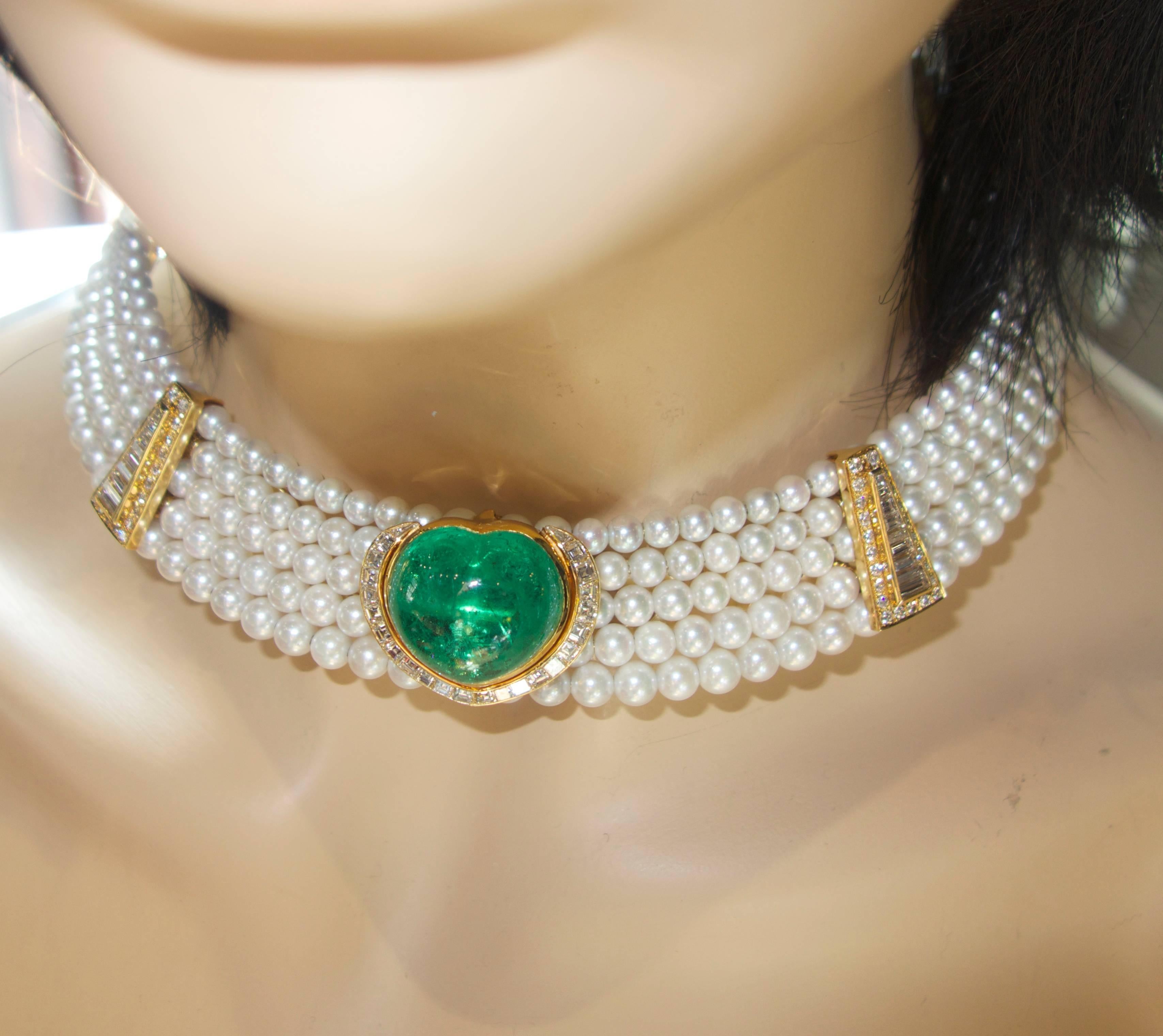 Important Heart Shaped Emerald, Diamond and Pearl Choker Necklace 1