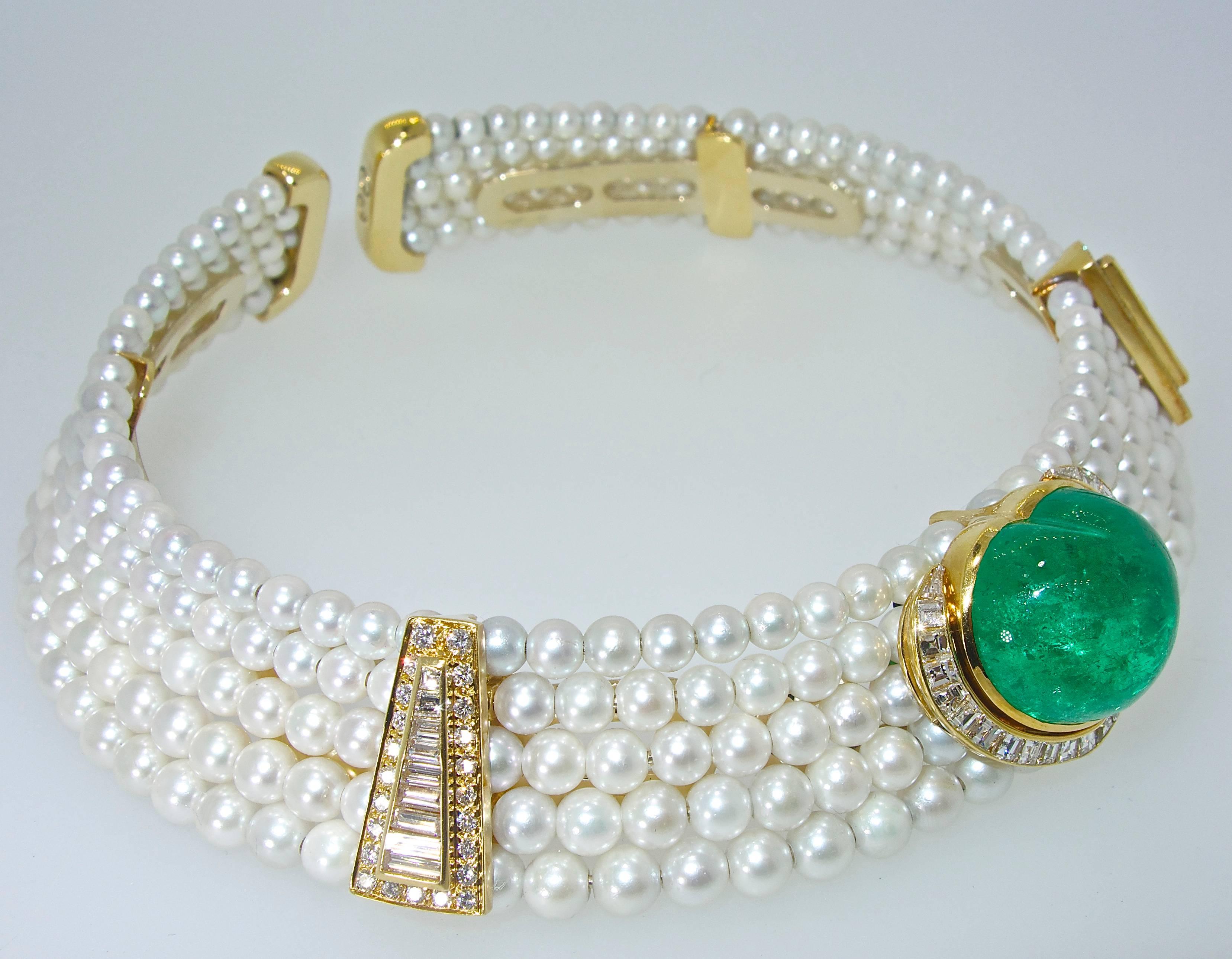 Women's or Men's Important Heart Shaped Emerald, Diamond and Pearl Choker Necklace