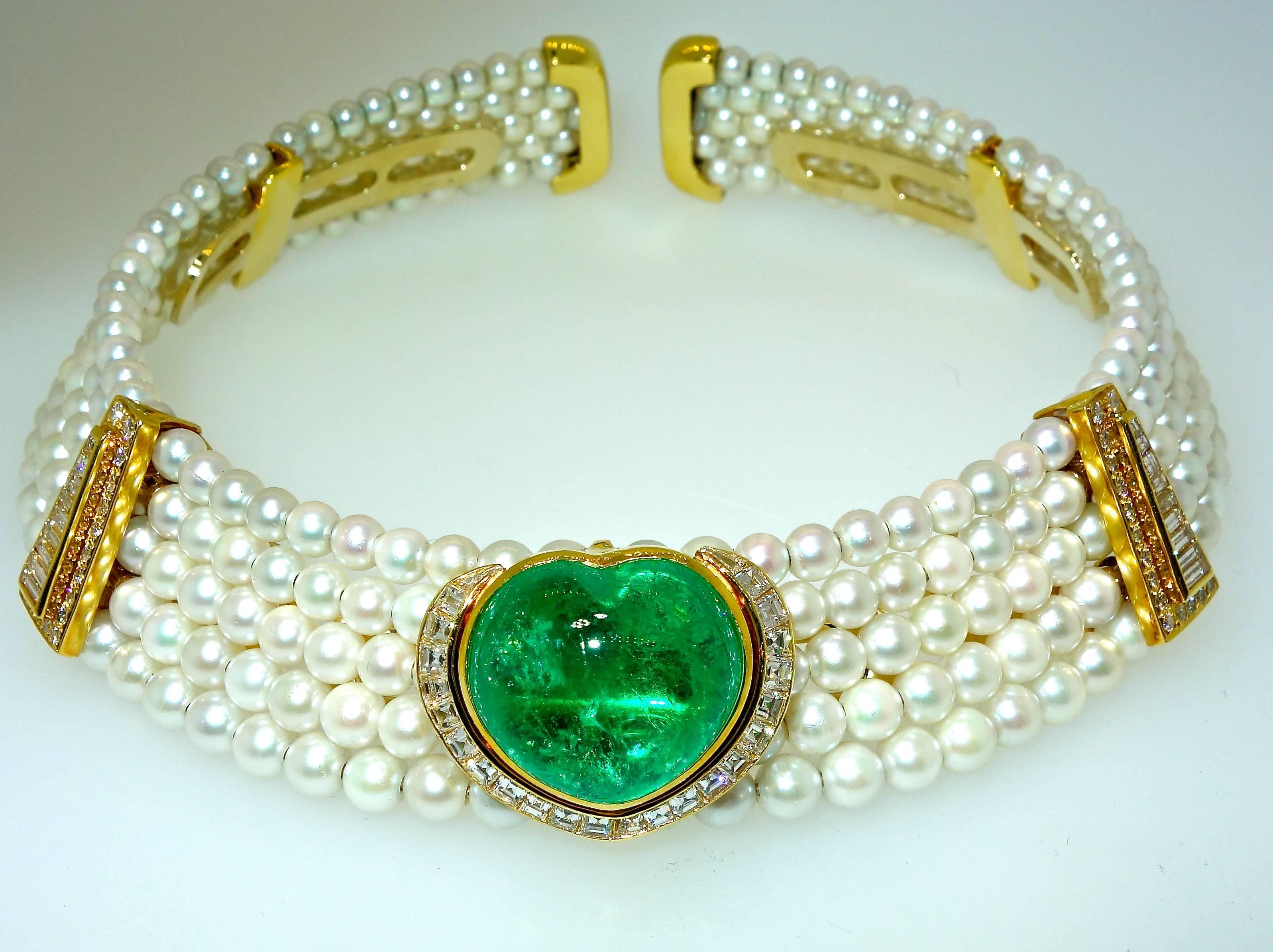 Modern Important Heart Shaped Emerald, Diamond and Pearl Choker Necklace