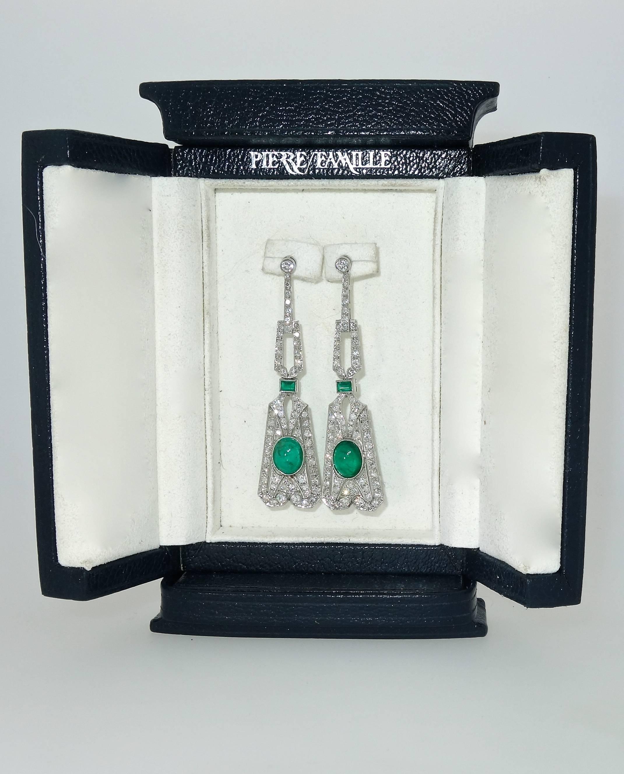 Art Deco pendant earrings with approximately 5.25 cts. of fine Colombian emeralds and  2.5 cts. of European cut diamonds - all near colorless (H) and very slightly included (VS).  These earrings are 2.5 inches long and are now designed for a pierced