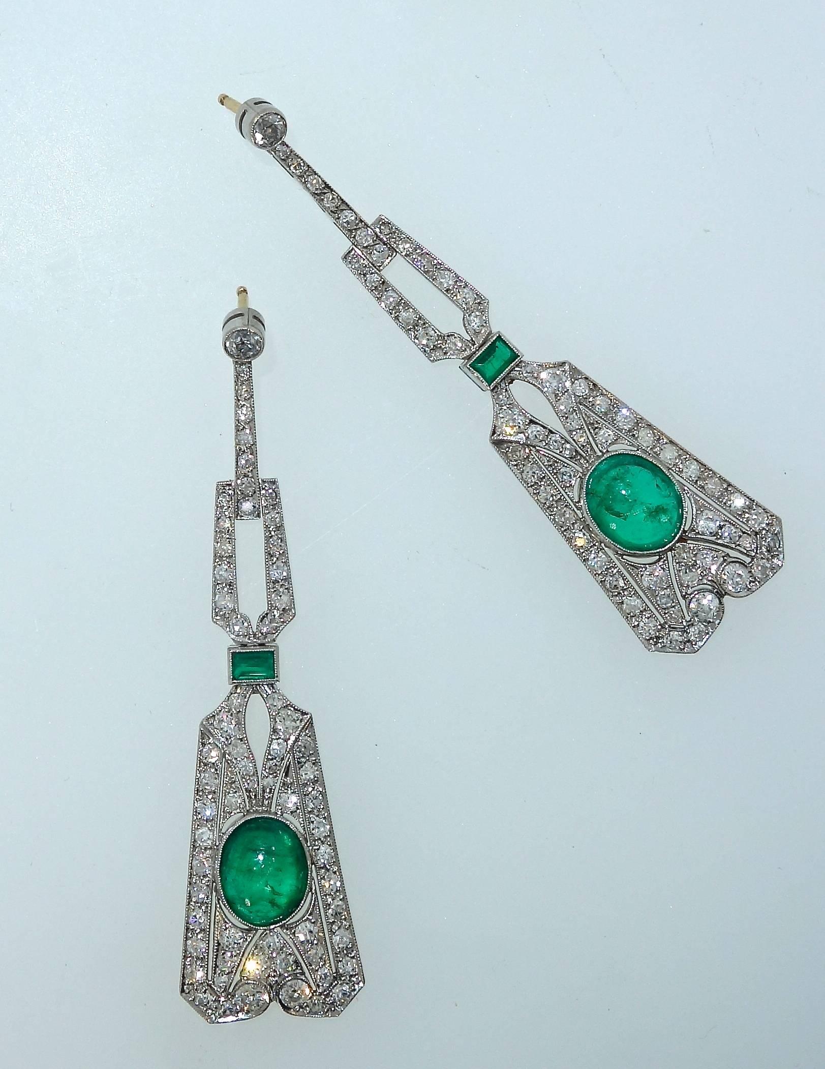 Art Deco Emerald and Diamond Earrings, circa 1925 In Excellent Condition In Aspen, CO