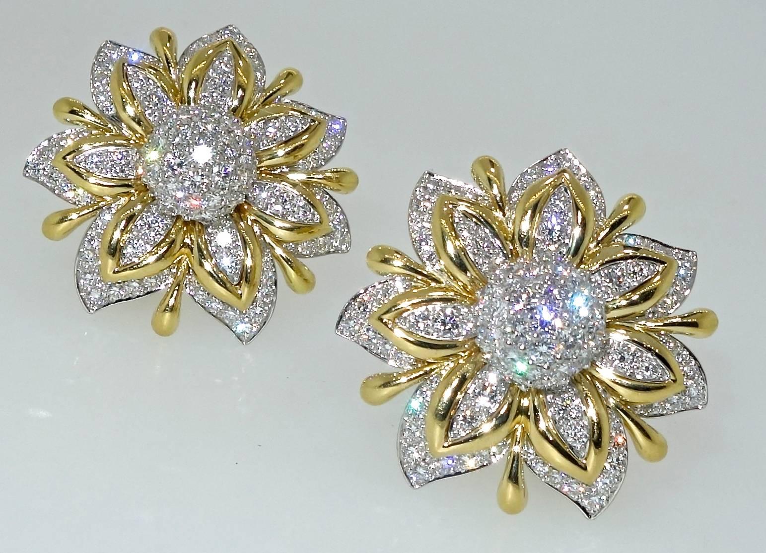 Classic Verdura diamond and gold earrings Primrose Collection with 7.50 cts. of fine collection quality -colorless and very very slightly included diamonds (E/F/VVS) diamonds.  These earrings are signed Verdura, with the maker's mark, platinum and