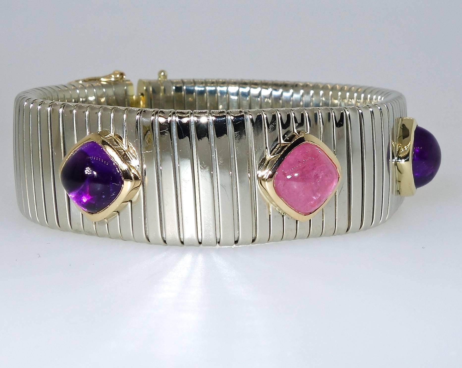 Modern Pink Tourmaline, Amethyst, Sterling Silver and Gold Bracelet