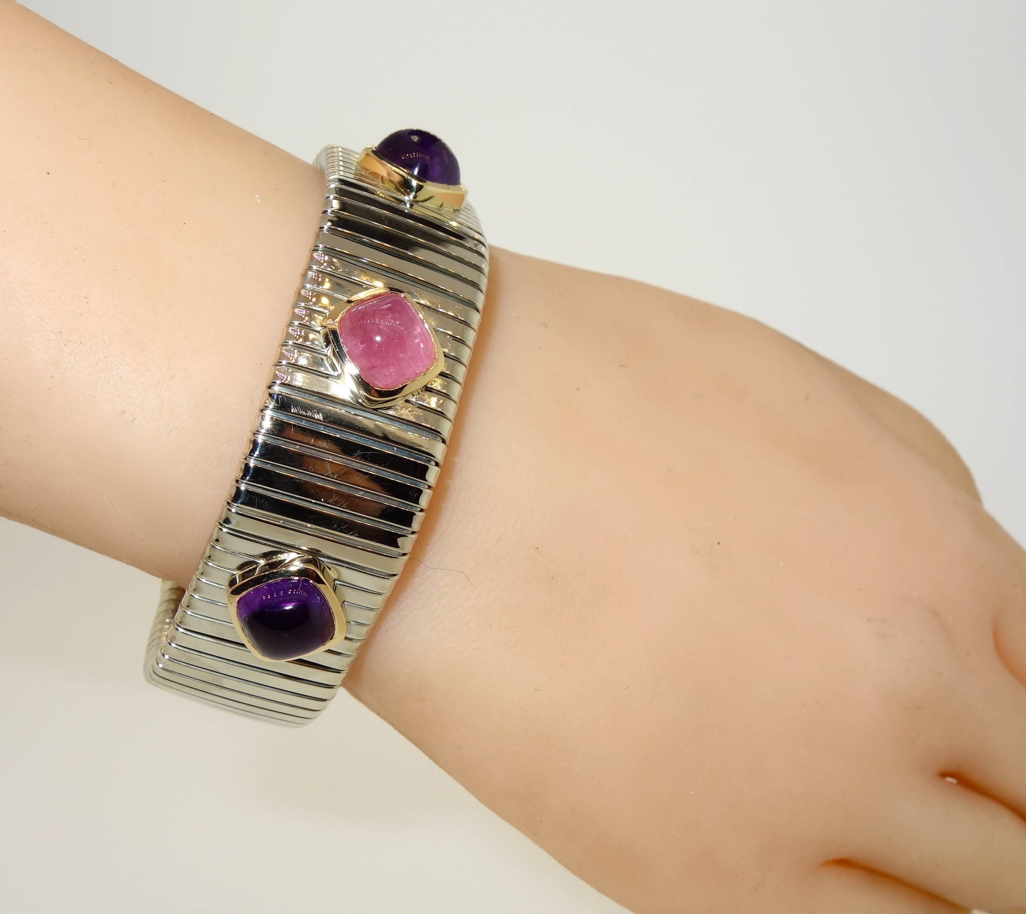 Pink Tourmaline, Amethyst, Sterling Silver and Gold Bracelet In Excellent Condition In Aspen, CO
