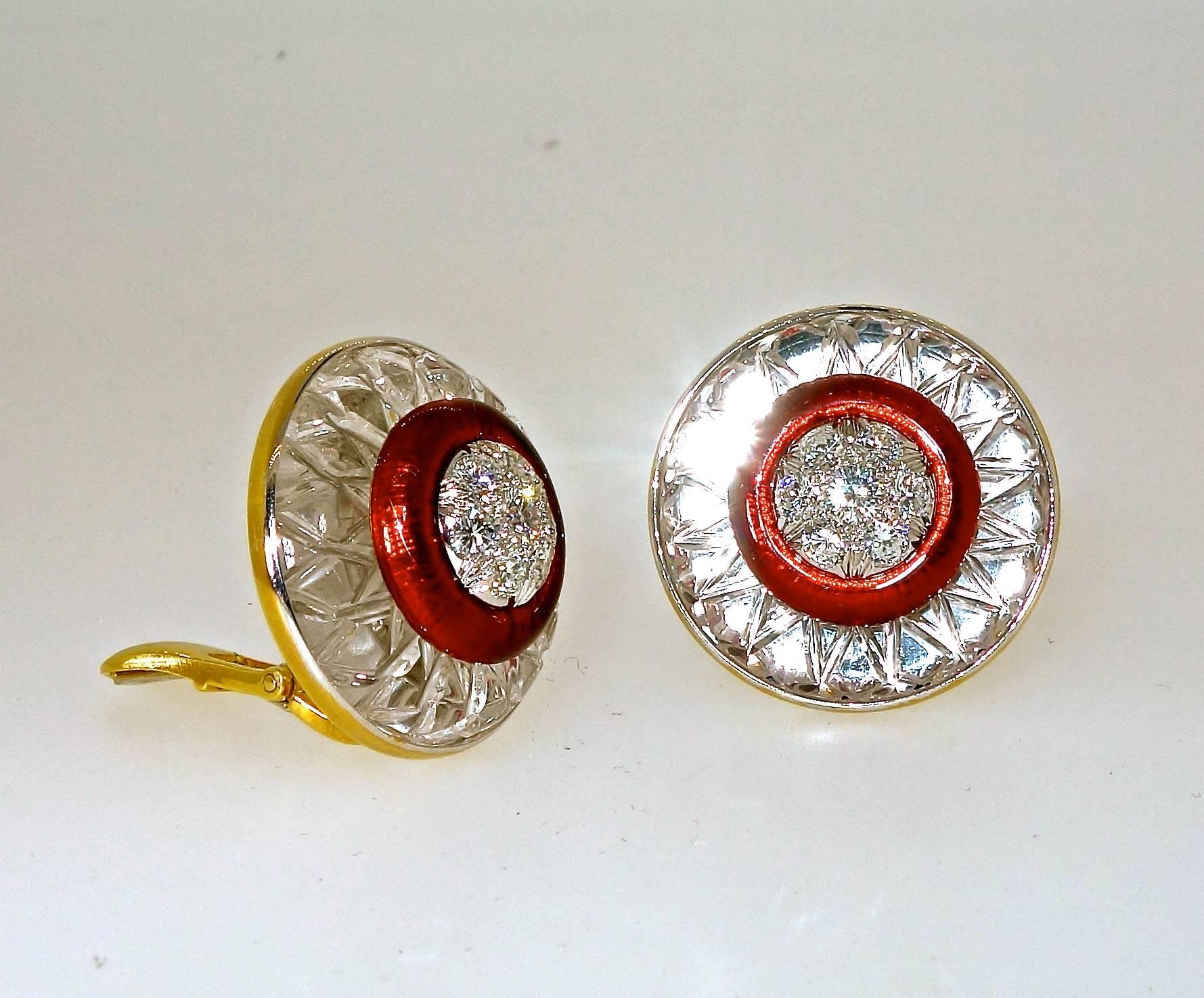 Contemporary David Webb Rock Crystal, Diamonds and Red Enamel Earrings