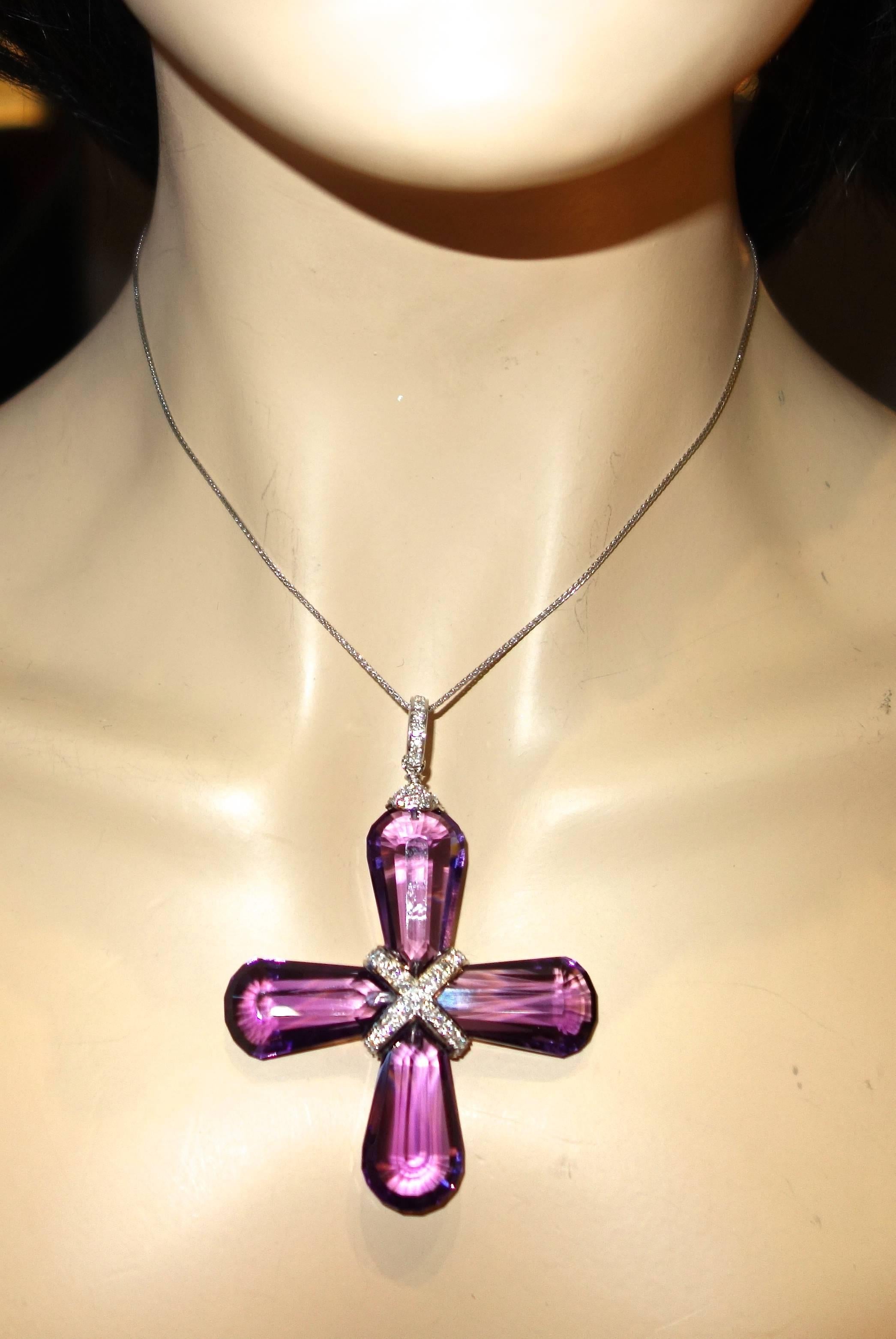 Modern Amethyst, Diamond and Pink Sapphire Necklace