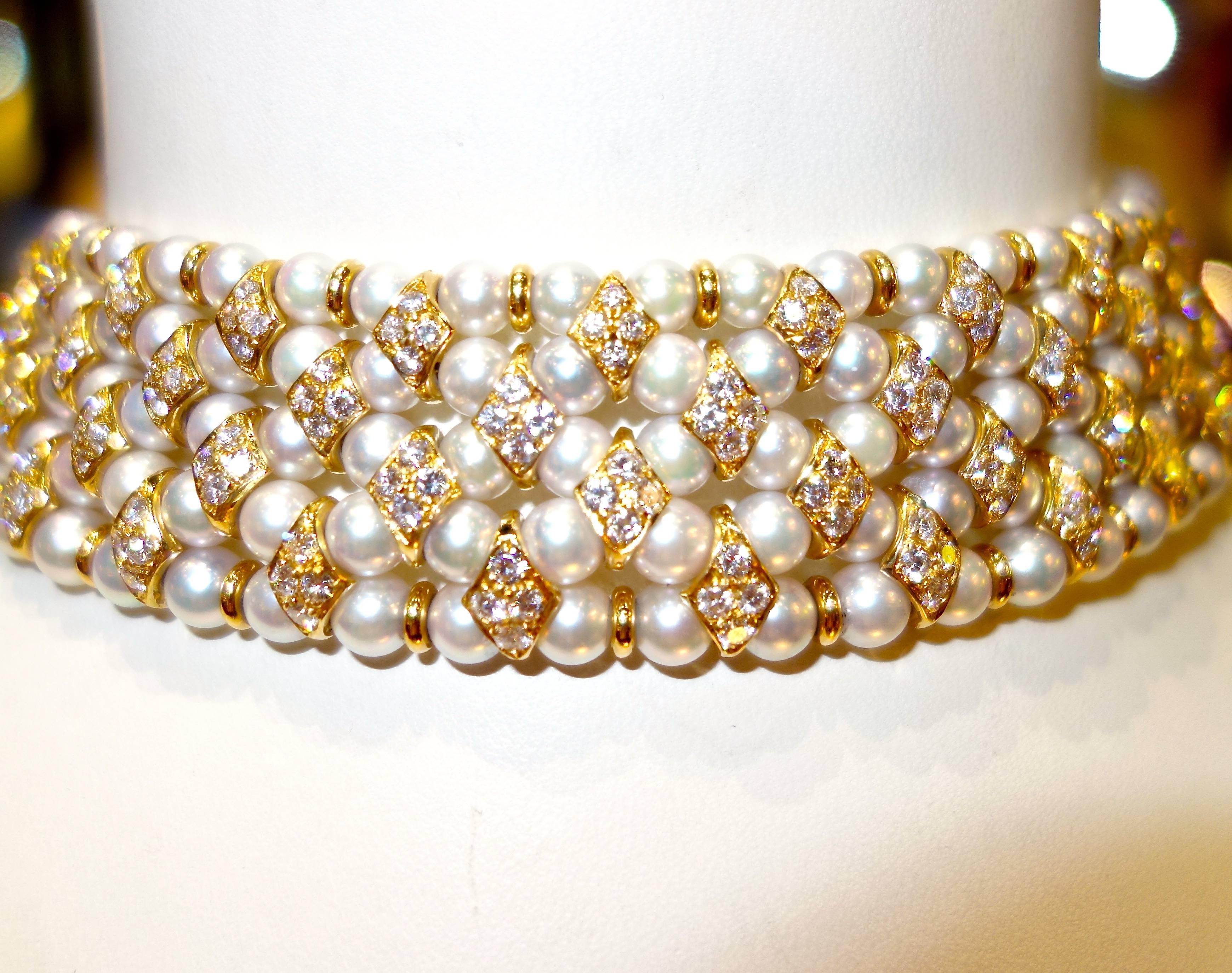 Over 10 cts of fine white diamonds, near colorless and very slightly included (G/H, VS) are set throughout the front half of this choker necklace accenting the fine pearls. The pearls are all very lustrous and clean of blemishes. This 18K necklace