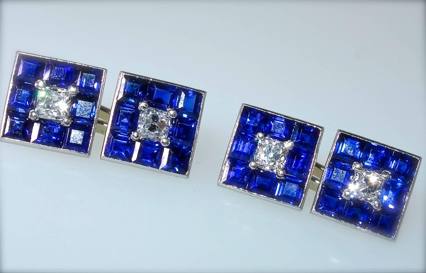 French Art Deco Burma Sapphire and Diamond Cufflinks 2