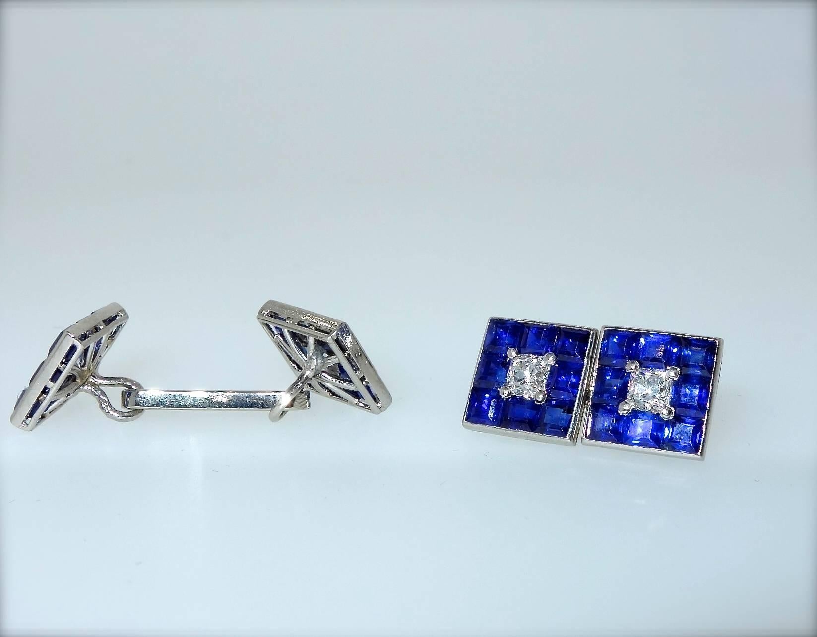 French Art Deco Burma Sapphire and Diamond Cufflinks 1