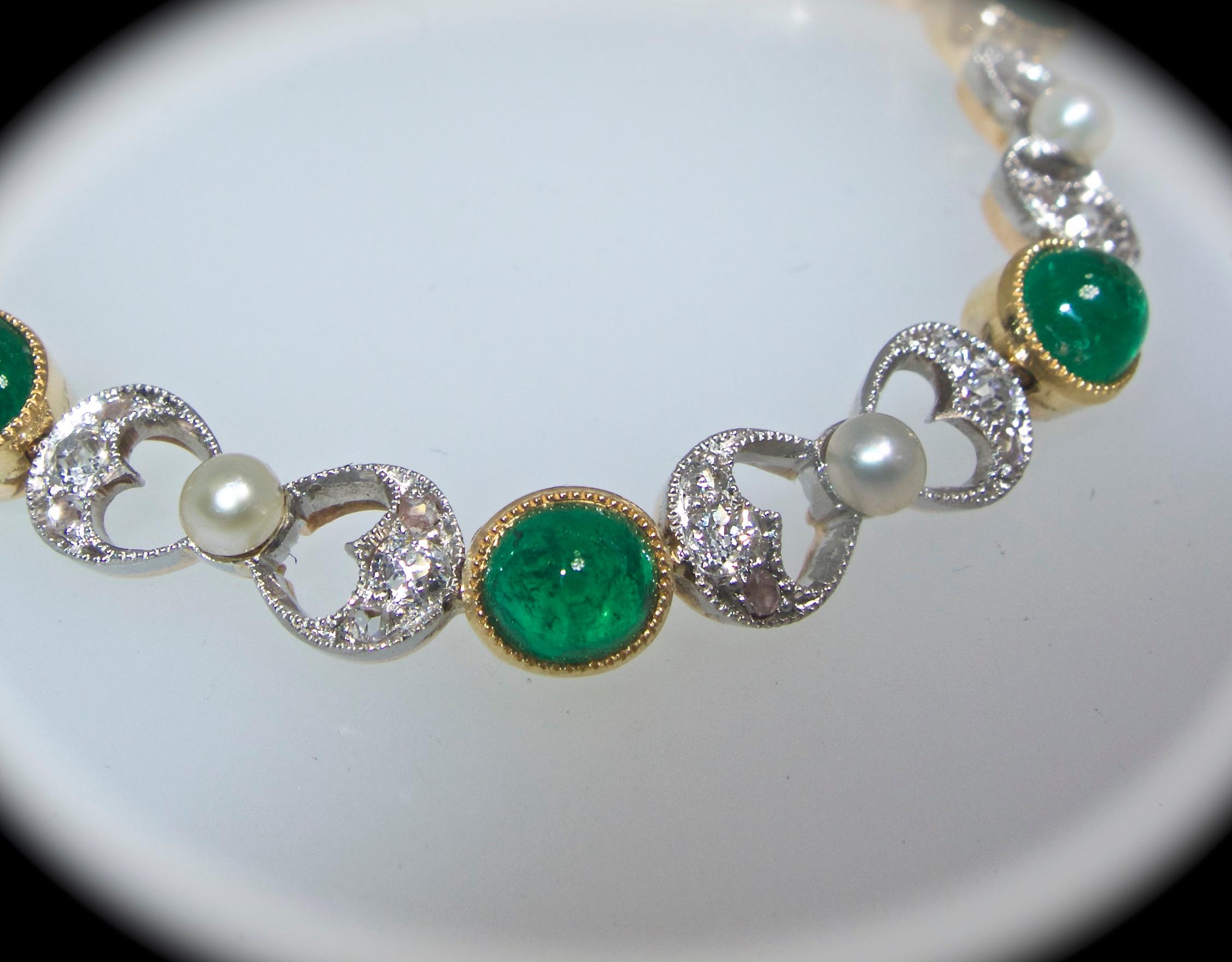 Edwardian Antique Diamond, Emerald and Natural Pearl Bracelet