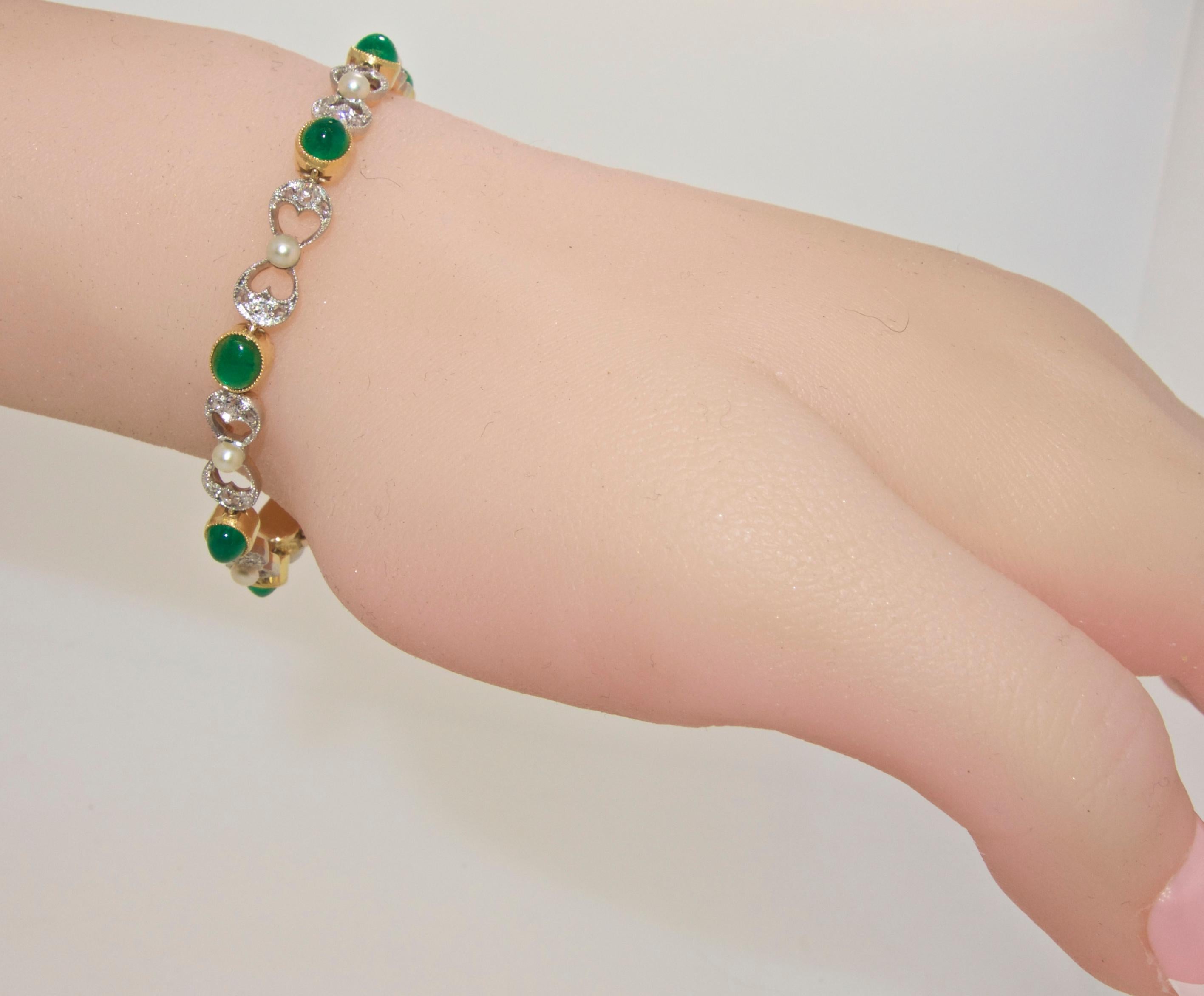 Women's or Men's Antique Diamond, Emerald and Natural Pearl Bracelet