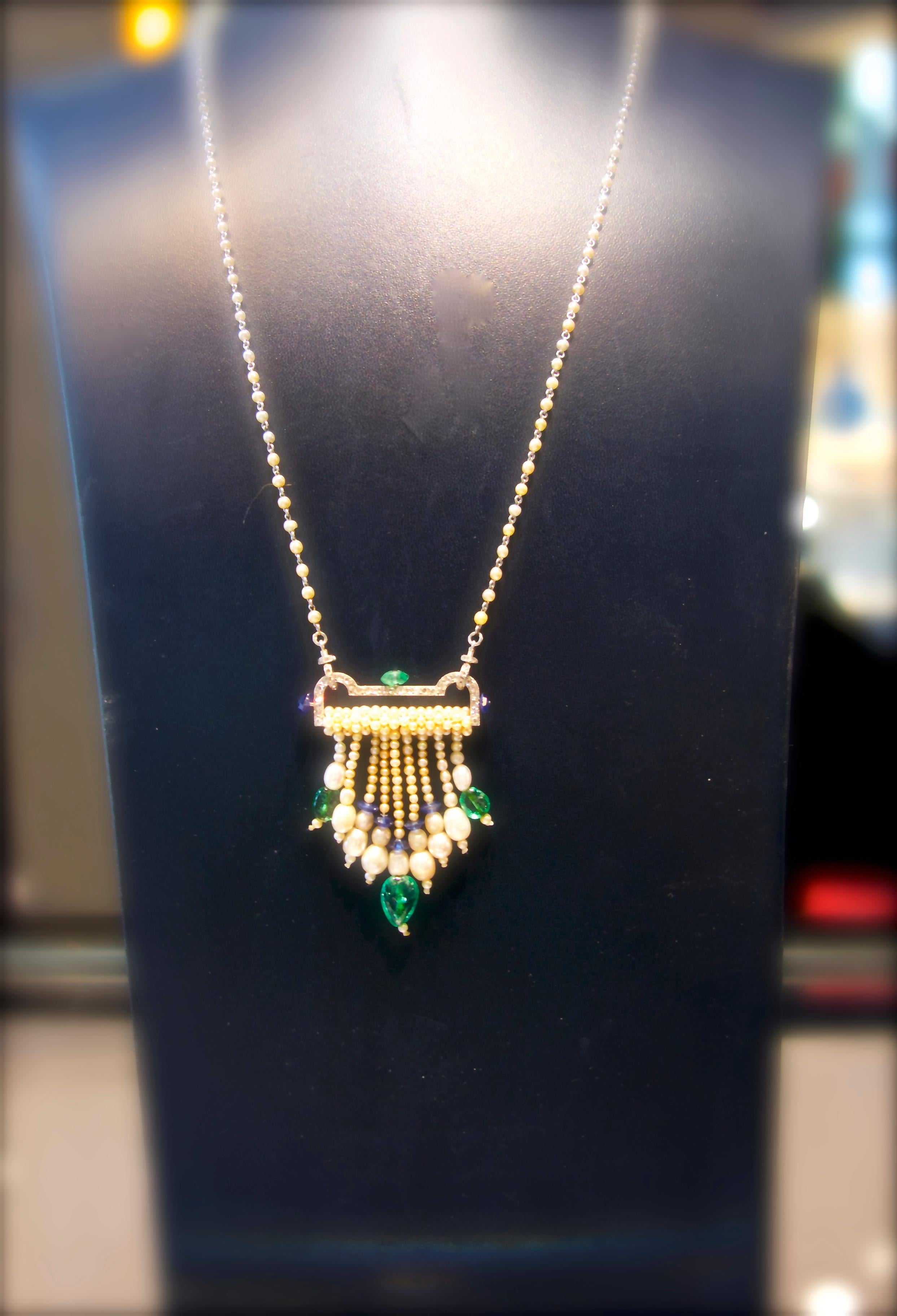 Art Deco French Diamond, Natural Pearl, Emerald, Sapphire Necklace In Good Condition In Aspen, CO