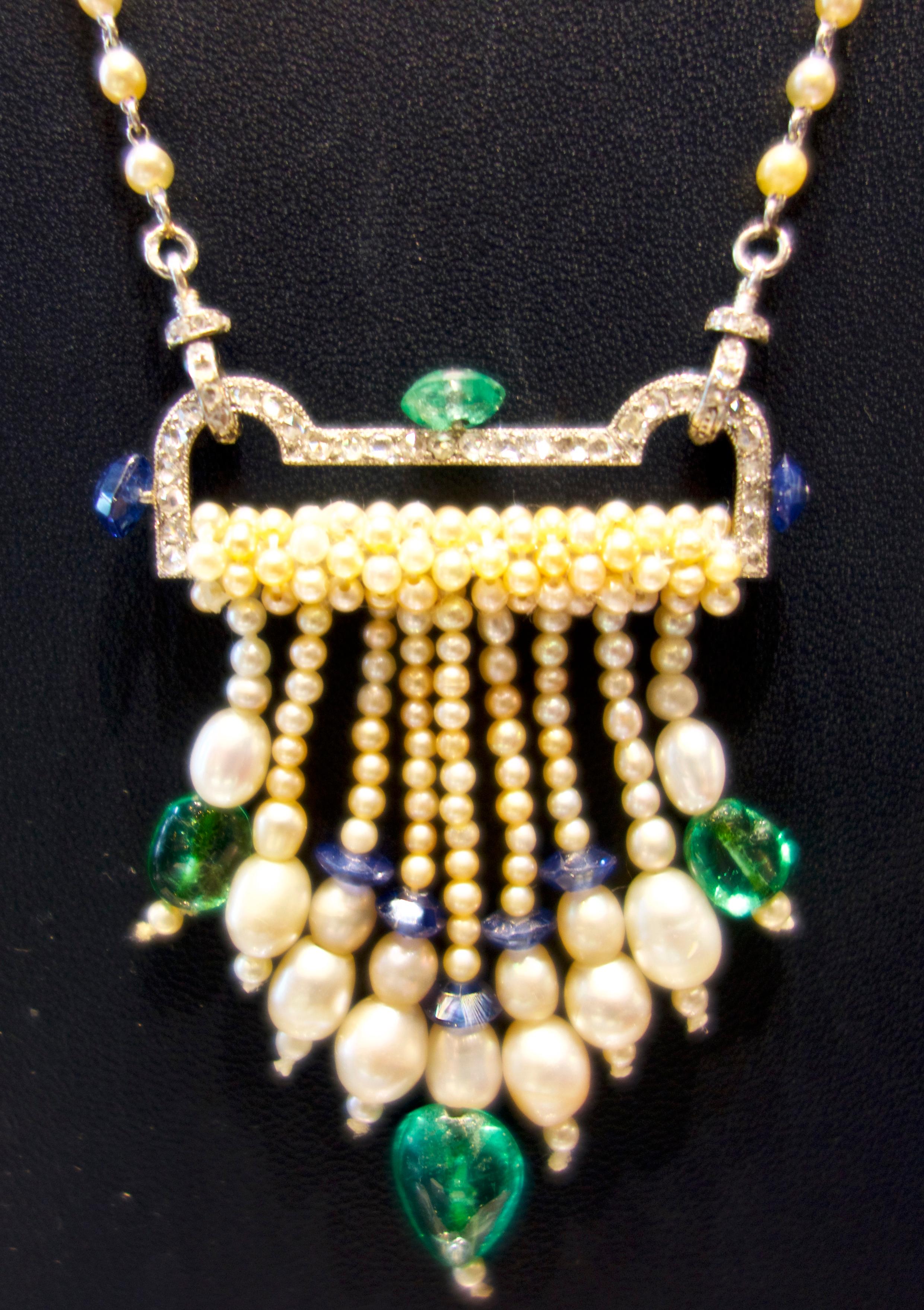 Women's or Men's Art Deco French Diamond, Natural Pearl, Emerald, Sapphire Necklace