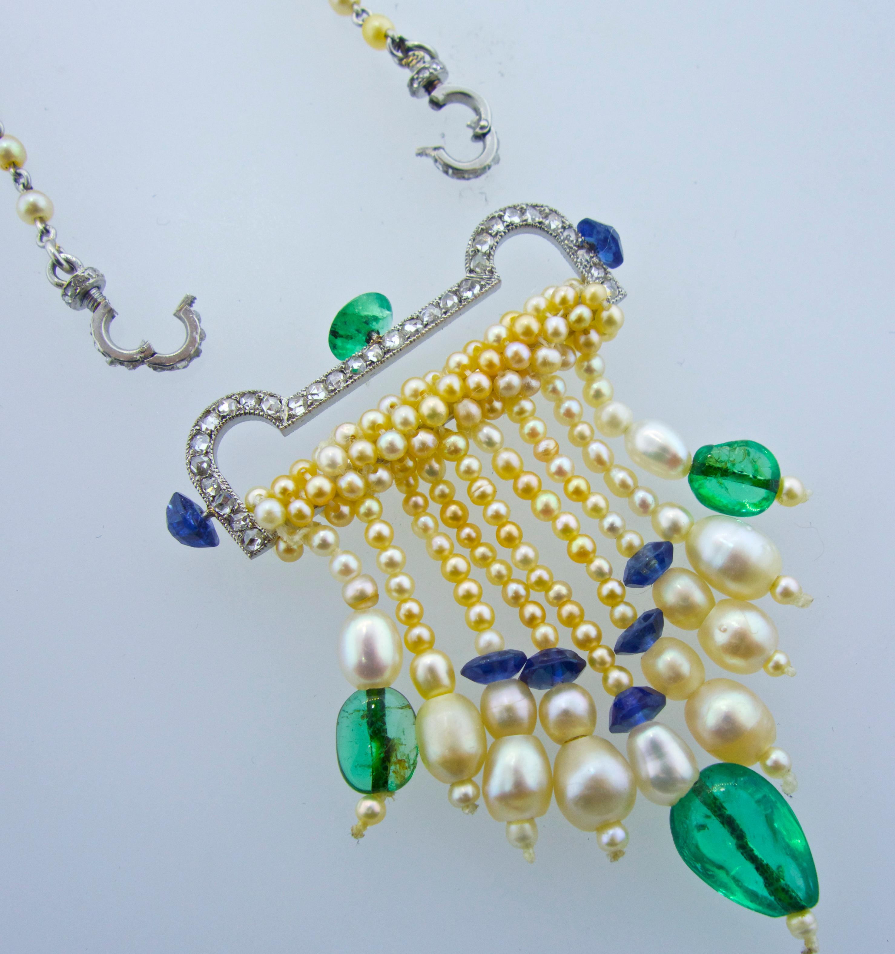 Art Deco French Diamond, Natural Pearl, Emerald, Sapphire Necklace 1
