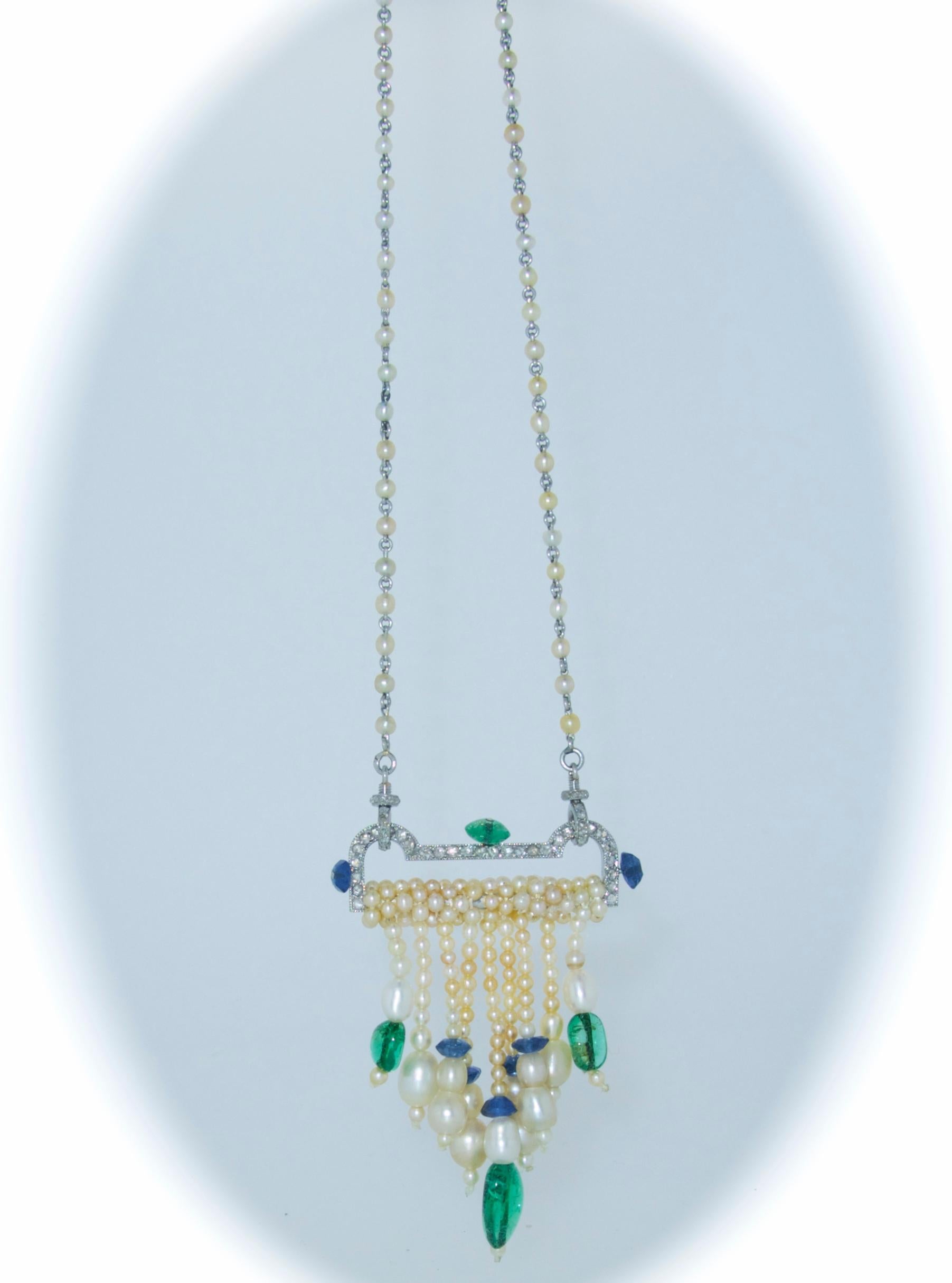 Art Deco French Diamond, Natural Pearl, Emerald, Sapphire Necklace 2
