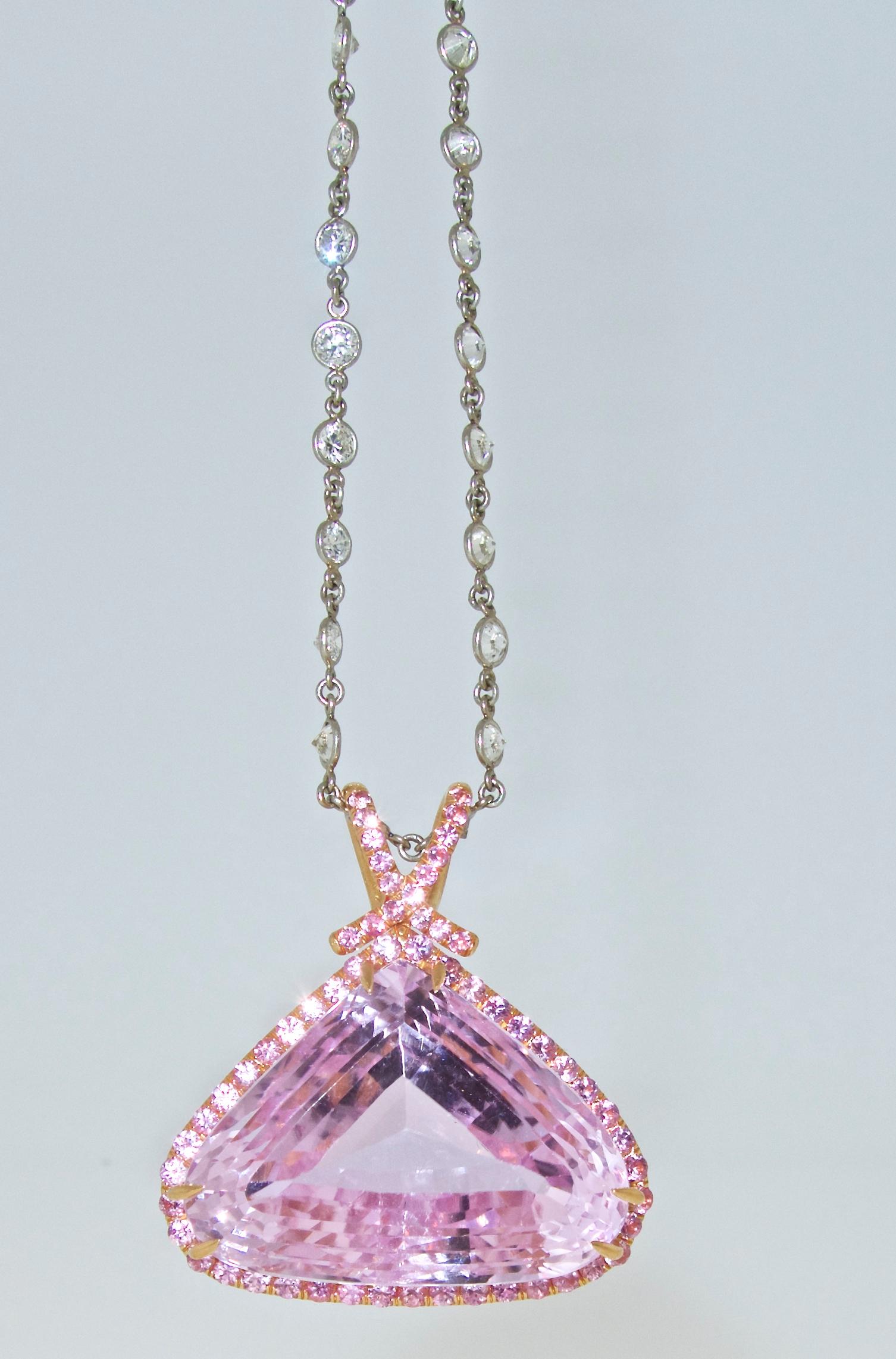 Modern Kunzite and Pink Sapphire and Diamond Pendant-Necklace