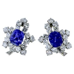 Fine Unheated AGL Graded Sapphires & Diamond Vintage Platinum Earrings, c. 1955