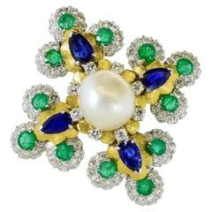 Broche/colgante vintage de oro amarillo y blanco con diamantes, zafiros, esmeraldas y perlas