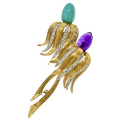Vintage Gold & Plat Brooch with Diamonds, Bud shaped Amethyst & Turquoise c 1955