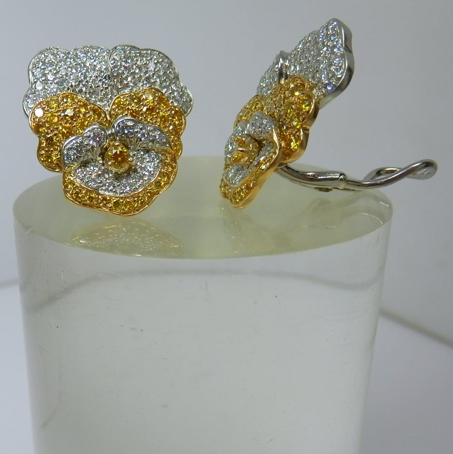Oscar Heyman Diamond Gold Platinum Pansy Motif Earrings In Excellent Condition In Aspen, CO