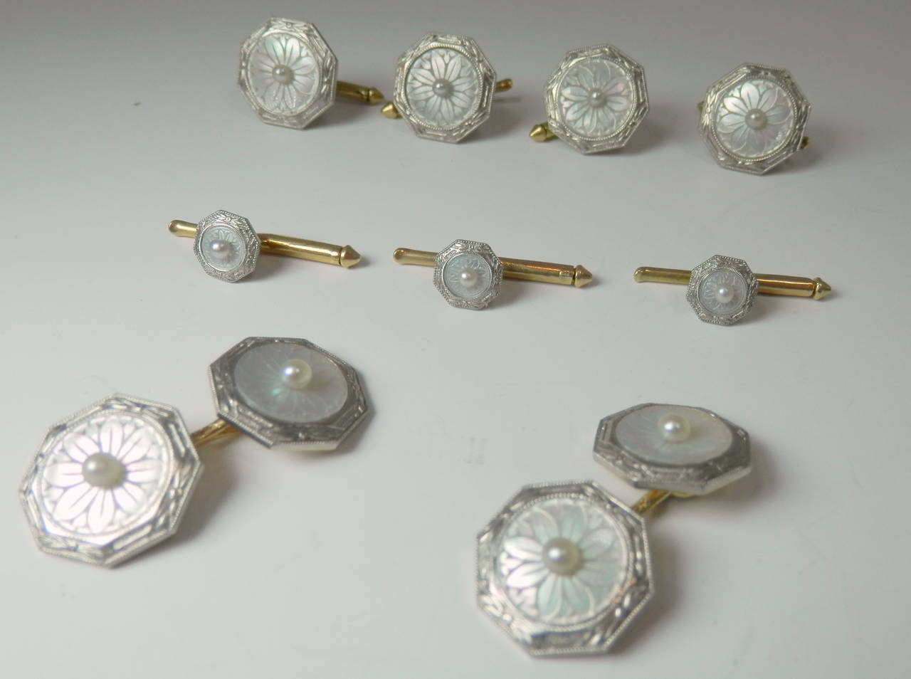 Natural Pearl Platinum Cuff Stud and Vest Button Set In Excellent Condition In Aspen, CO