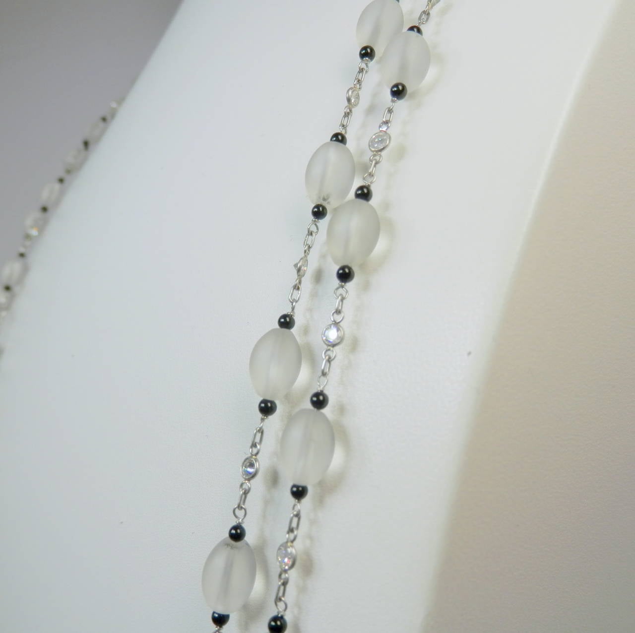 Frosted Rock Crystal Onyx Diamond Platinum Long Chain In Excellent Condition In Aspen, CO