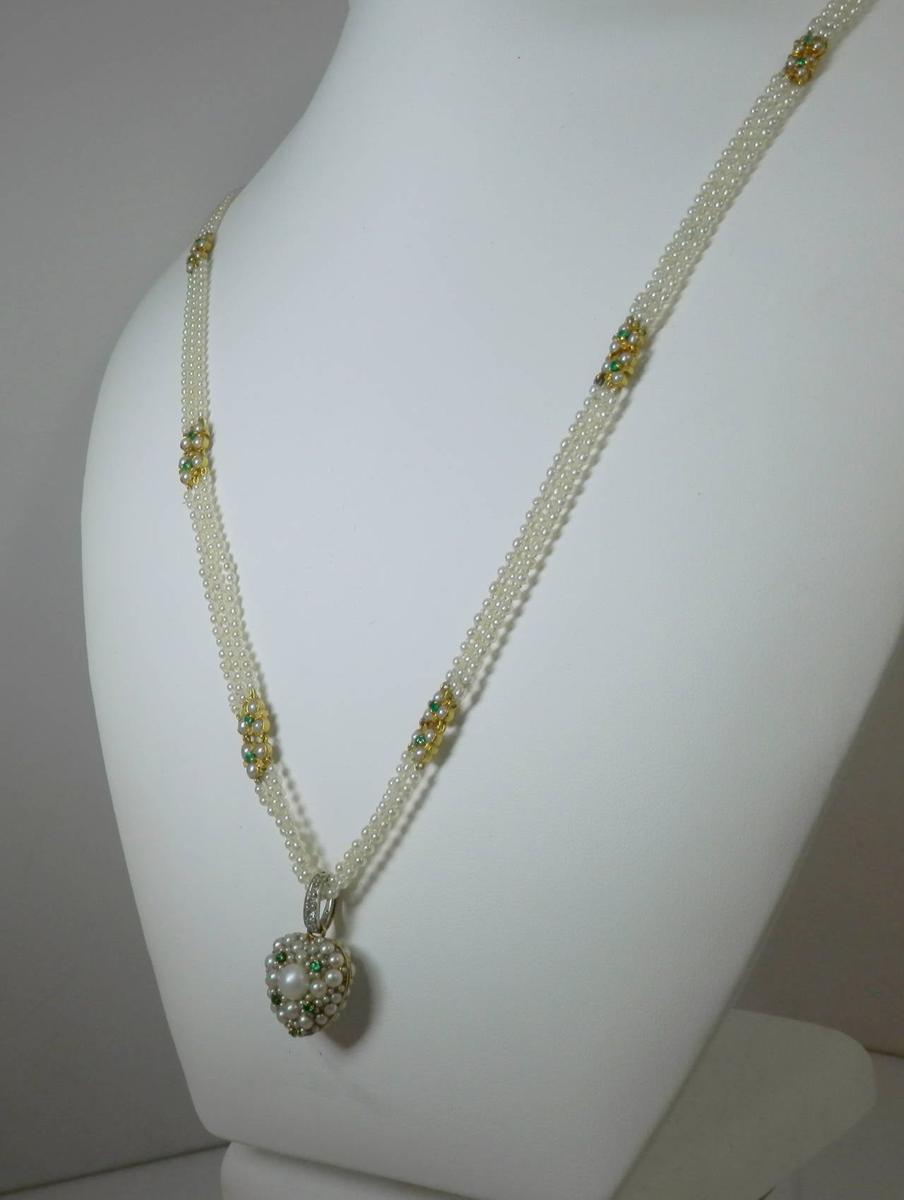 Tiffany & Co. Pearl Emerald Diamond Gold Platinum Heart Necklace In Excellent Condition In Aspen, CO