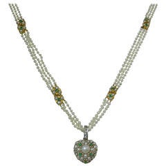 Antique Tiffany & Co. Pearl Emerald Diamond Gold Platinum Heart Necklace