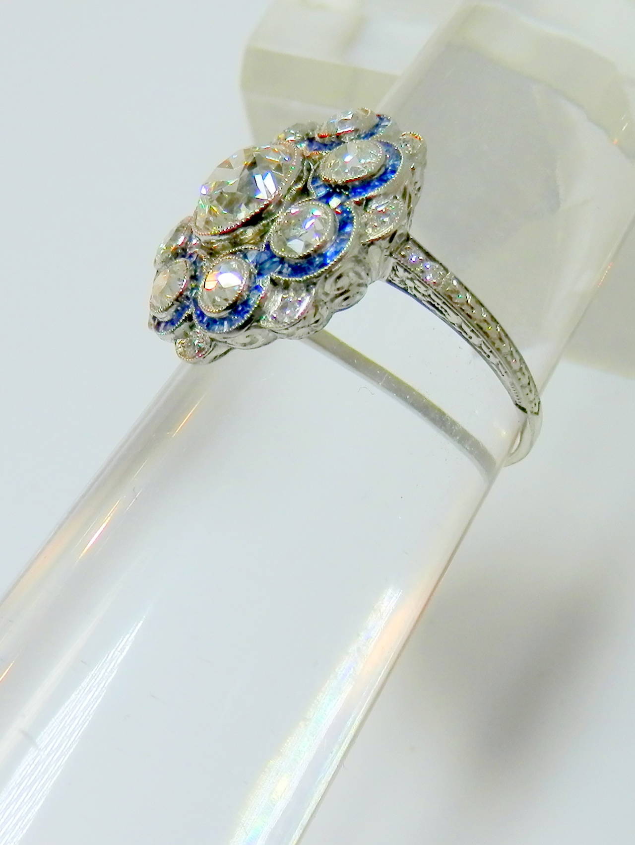 Women's 1920s Sapphire Diamond Platinum Cluster Ring