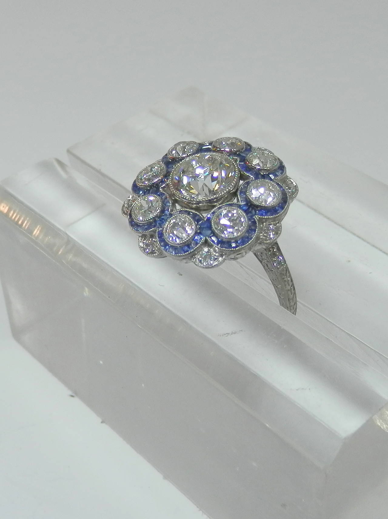 1920s Sapphire Diamond Platinum Cluster Ring 1