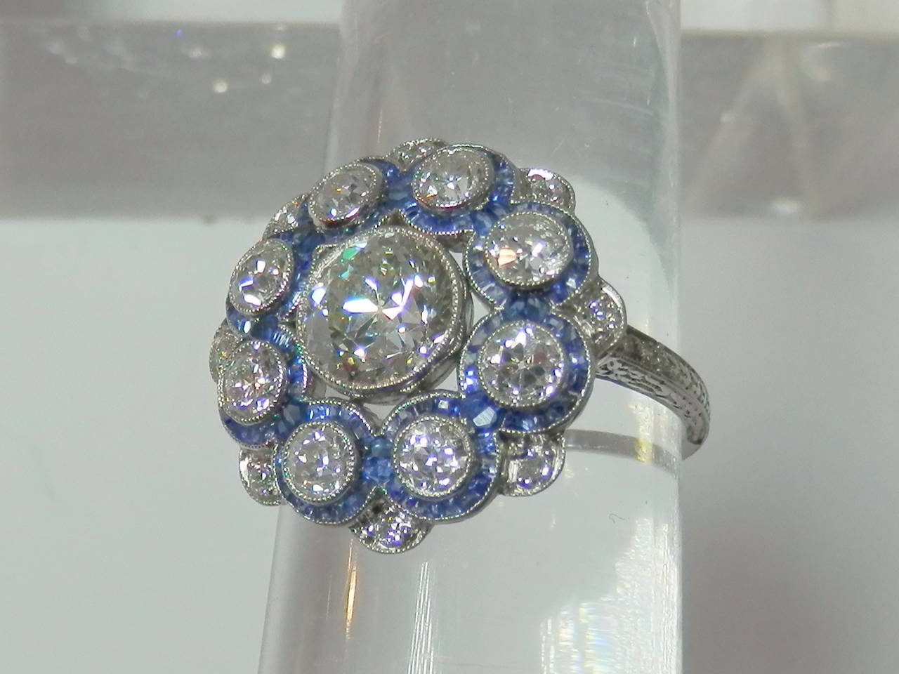 1920s Sapphire Diamond Platinum Cluster Ring In Excellent Condition In Aspen, CO