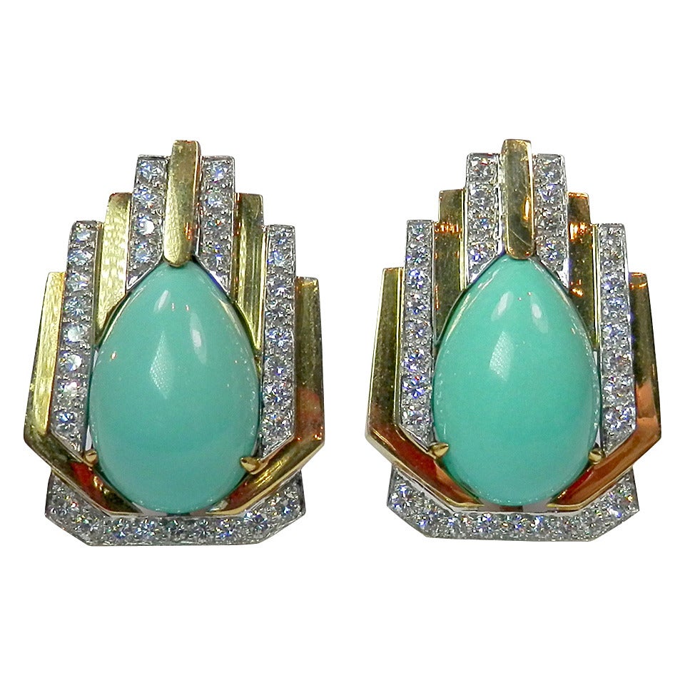 David Webb Turquoise Diamond Gold Earrings