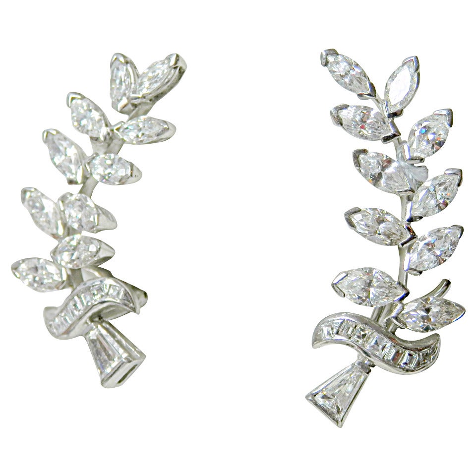 Diamond Platinum Leaf Motif Earrings