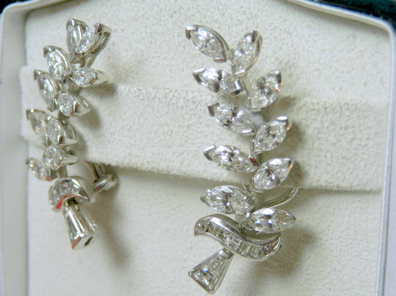 Diamond Platinum Leaf Motif Earrings In Good Condition In Aspen, CO
