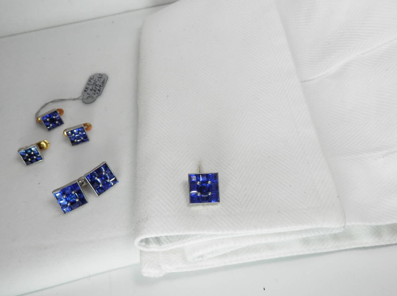 Cartier Paris sapphire Platinum cufflink stud set In Excellent Condition In Aspen, CO