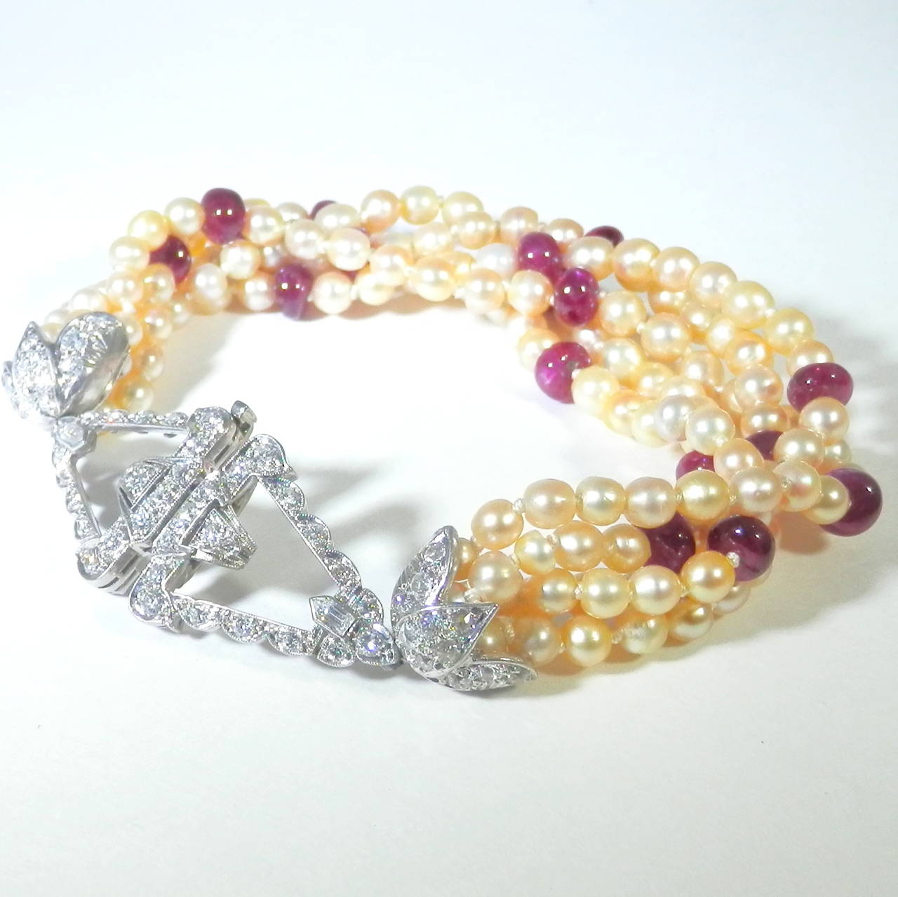 Early Art Deco Natural Pearl Burma Ruby Diamond Platinum Bracelet In Excellent Condition In Aspen, CO