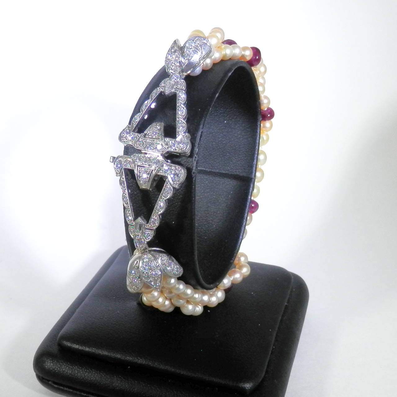 Women's Early Art Deco Natural Pearl Burma Ruby Diamond Platinum Bracelet