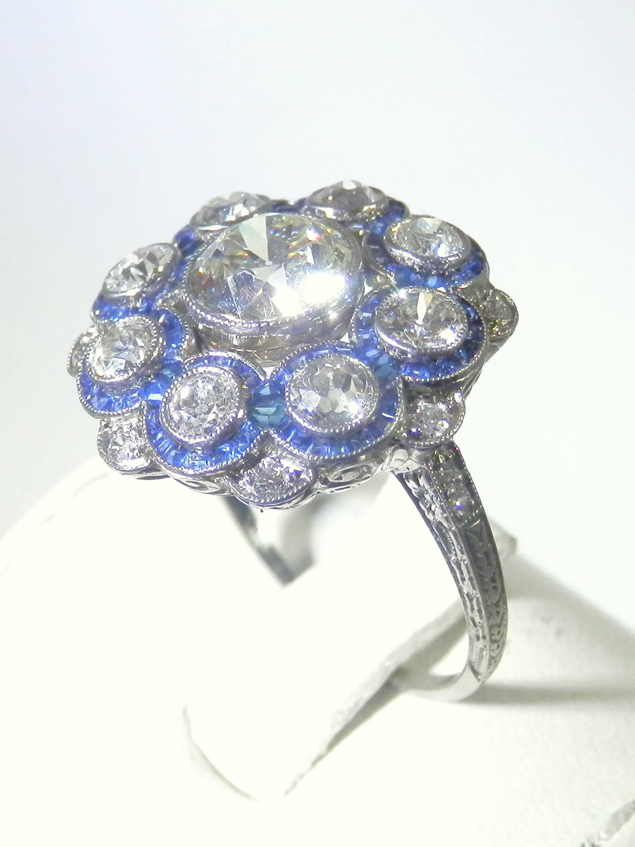 1920s Sapphire Diamond Platinum Cluster Ring 5