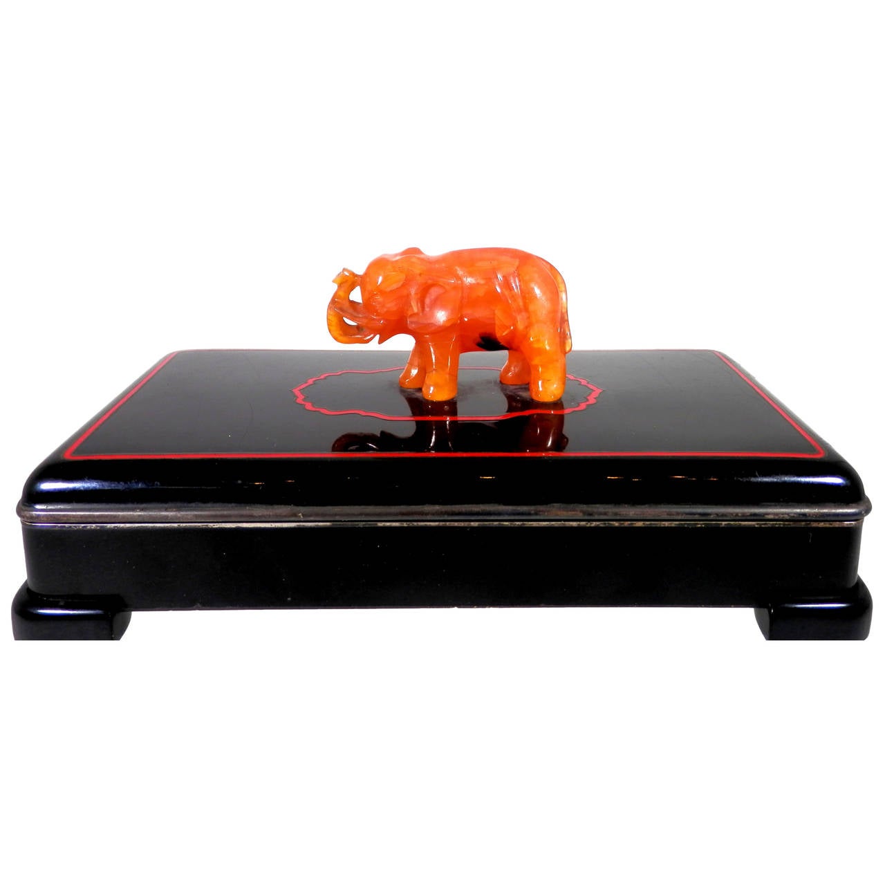 Cartier Art Deco Enamel Lacquer Box with Carved Carnelian Elephant