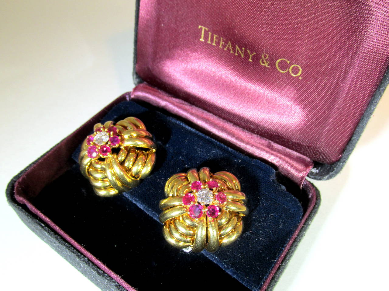 Women's 1940s Tiffany & Co. Ruby Diamond Gold Dome Earrings