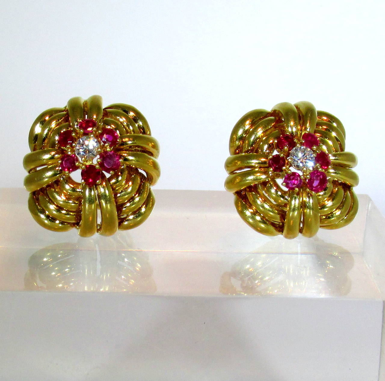 1940s Tiffany & Co. Ruby Diamond Gold Dome Earrings In Excellent Condition In Aspen, CO