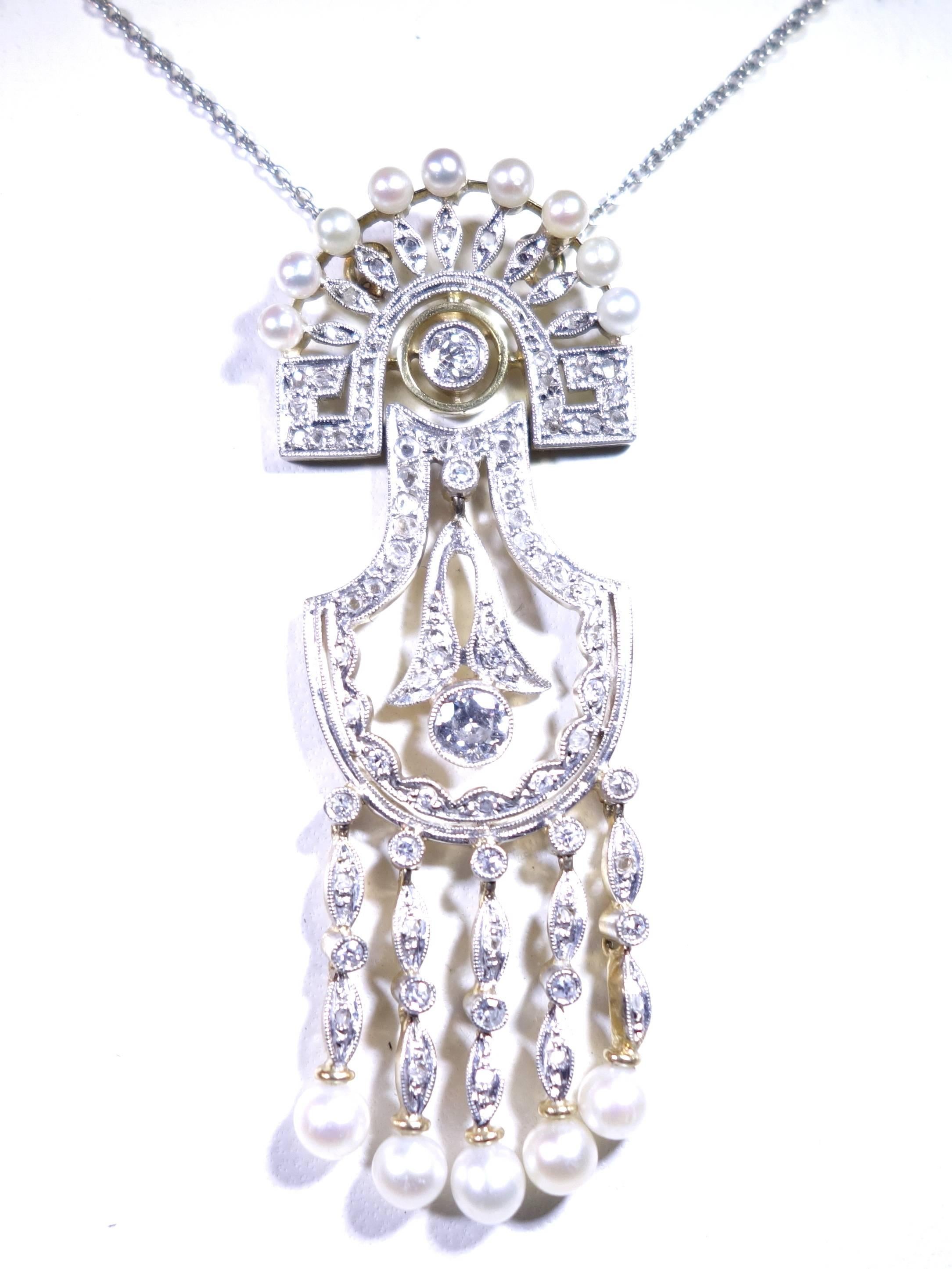 Edwardian Natural Pearl Diamond Gold Platinum Pendant In Excellent Condition In Aspen, CO