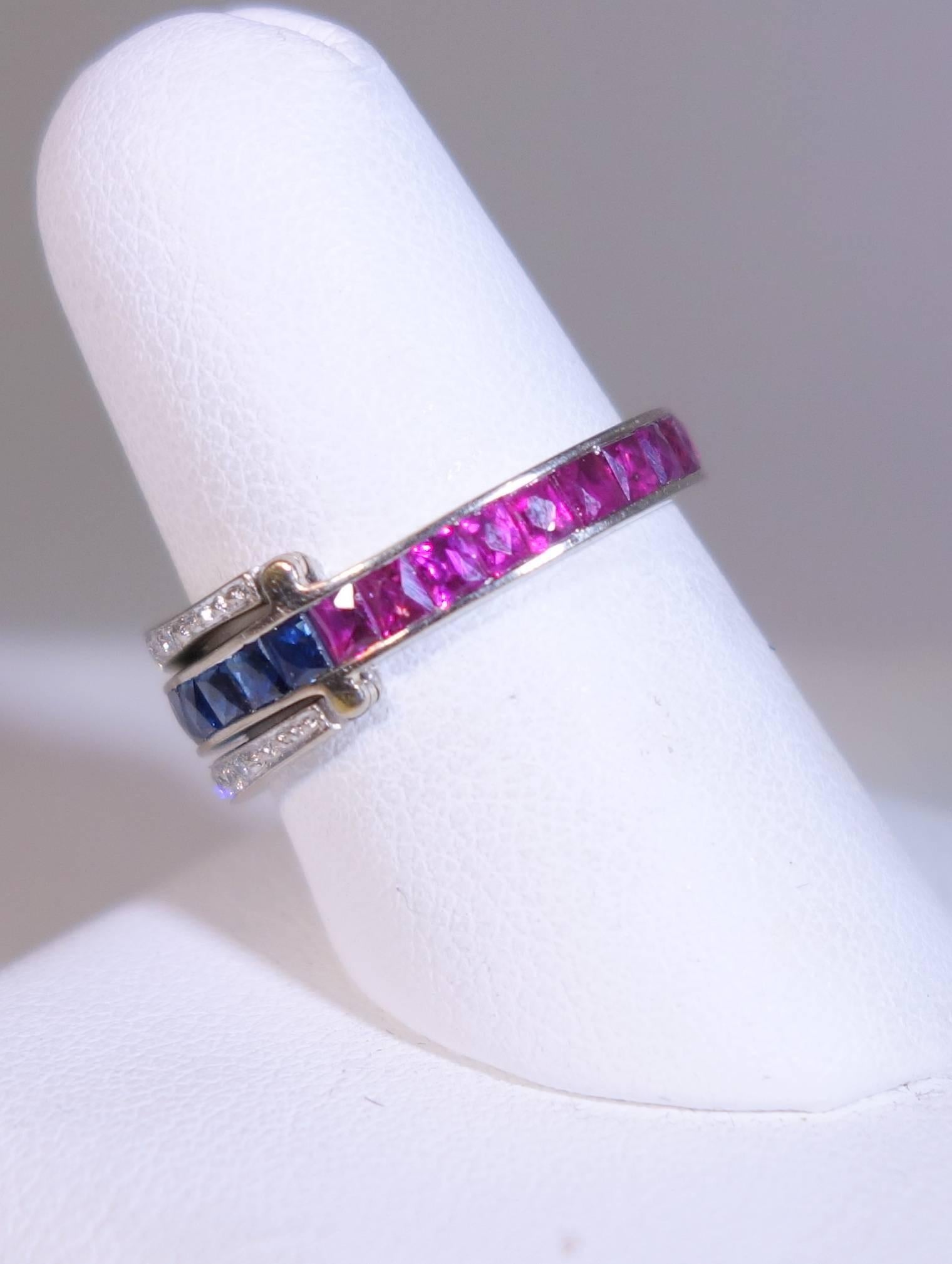 Art Deco 1930s Sapphire Ruby Diamond Platinum Flip Band Ring