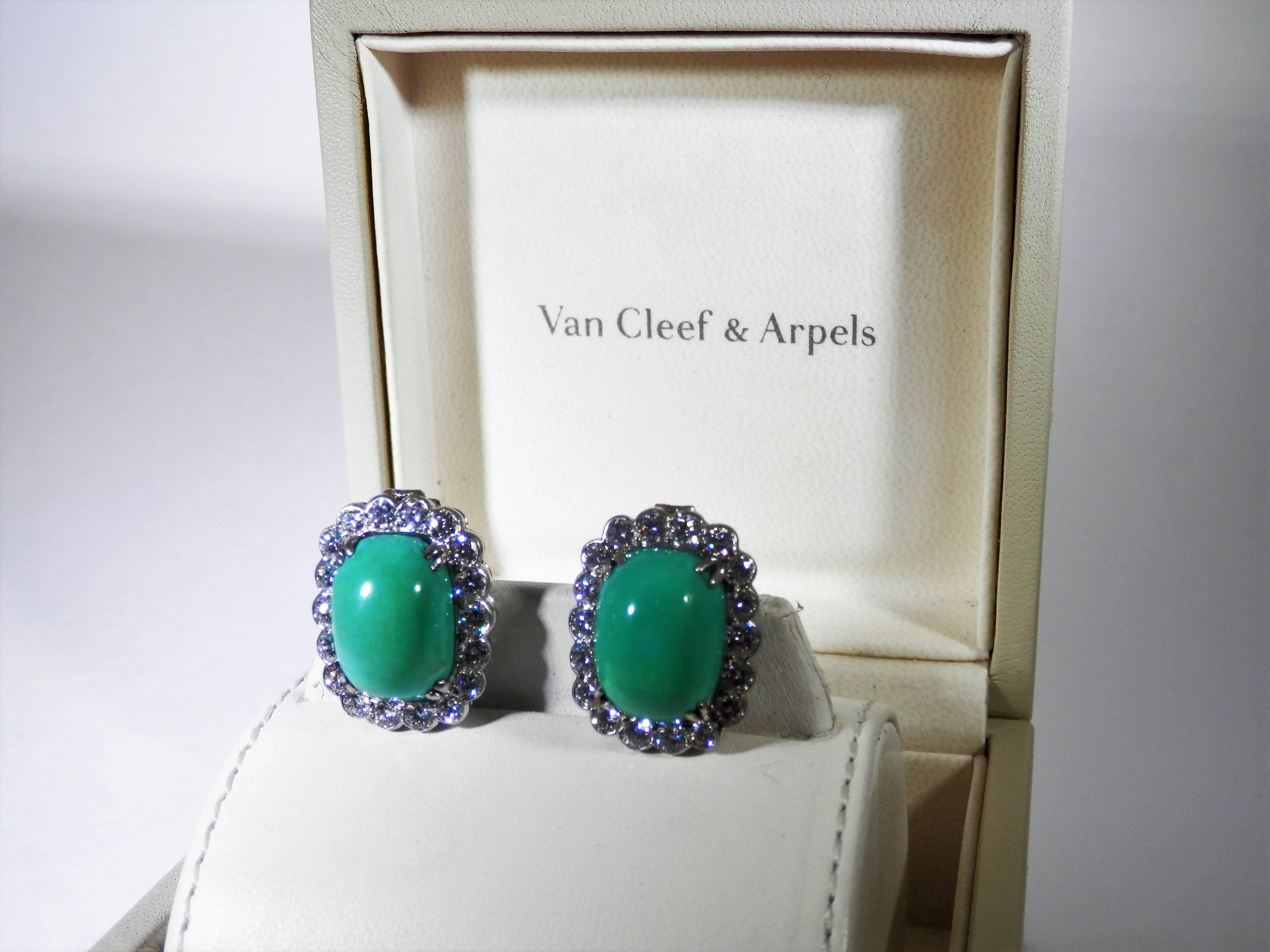 Contemporary 1960s Van Cleef & Arpels turquoise diamond Platinum earrings