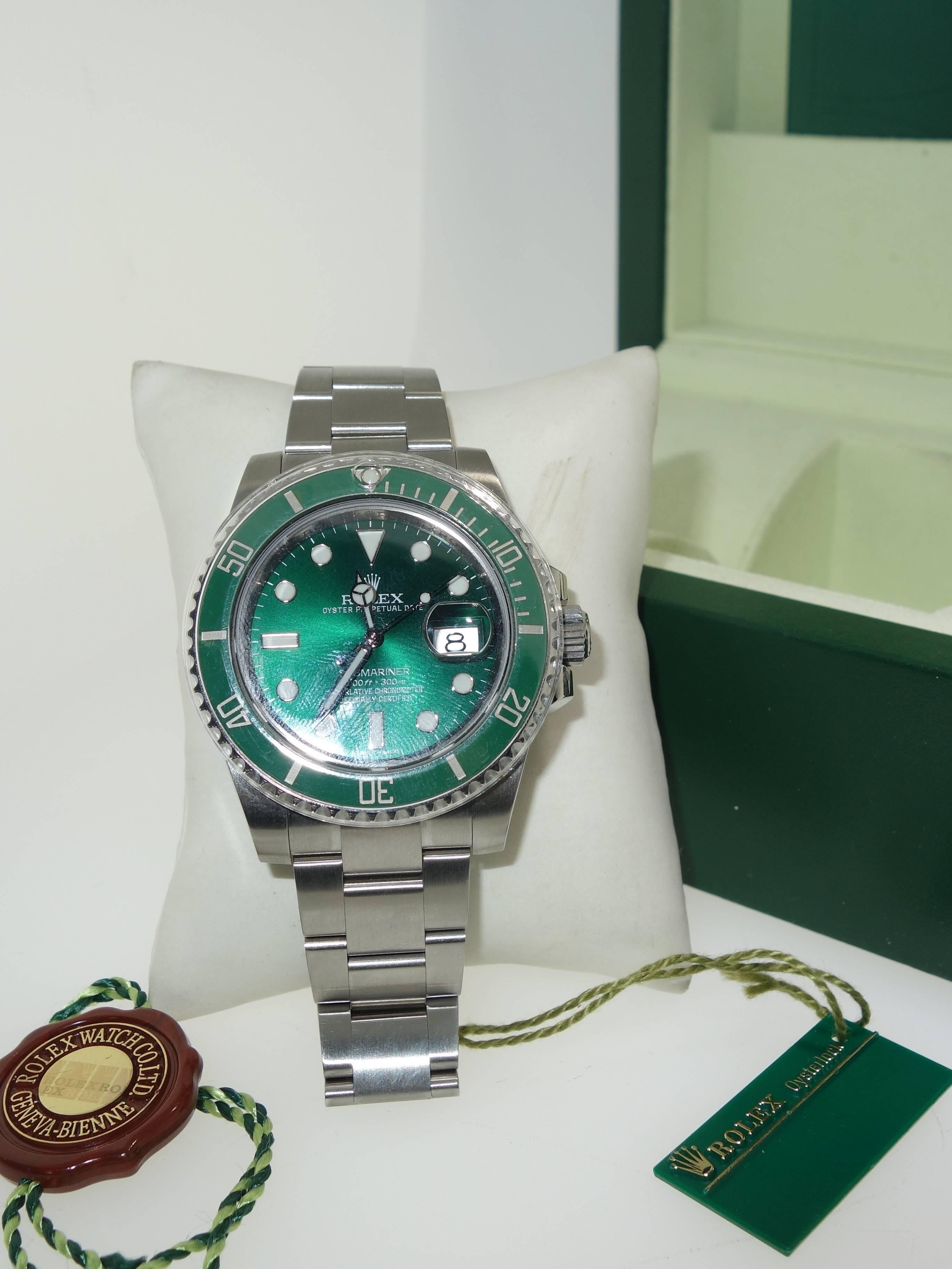Contemporary Rolex Stainless Steel Green Hulk Submariner Wristwatch Ref 116610V