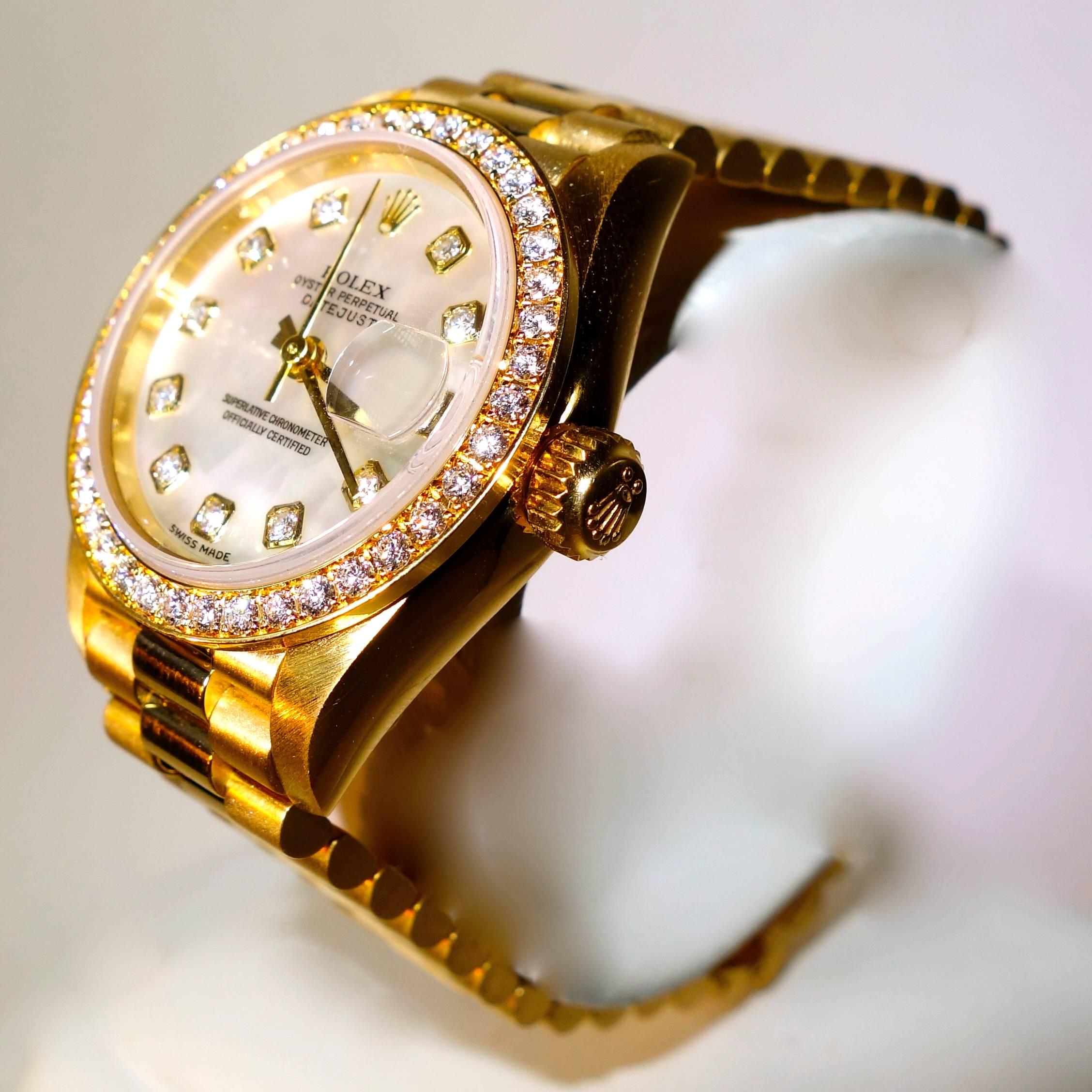 Contemporary Rolex Lady's Yellow Gold Mother-of-Pearl Diamond President Automatic Wristwatch