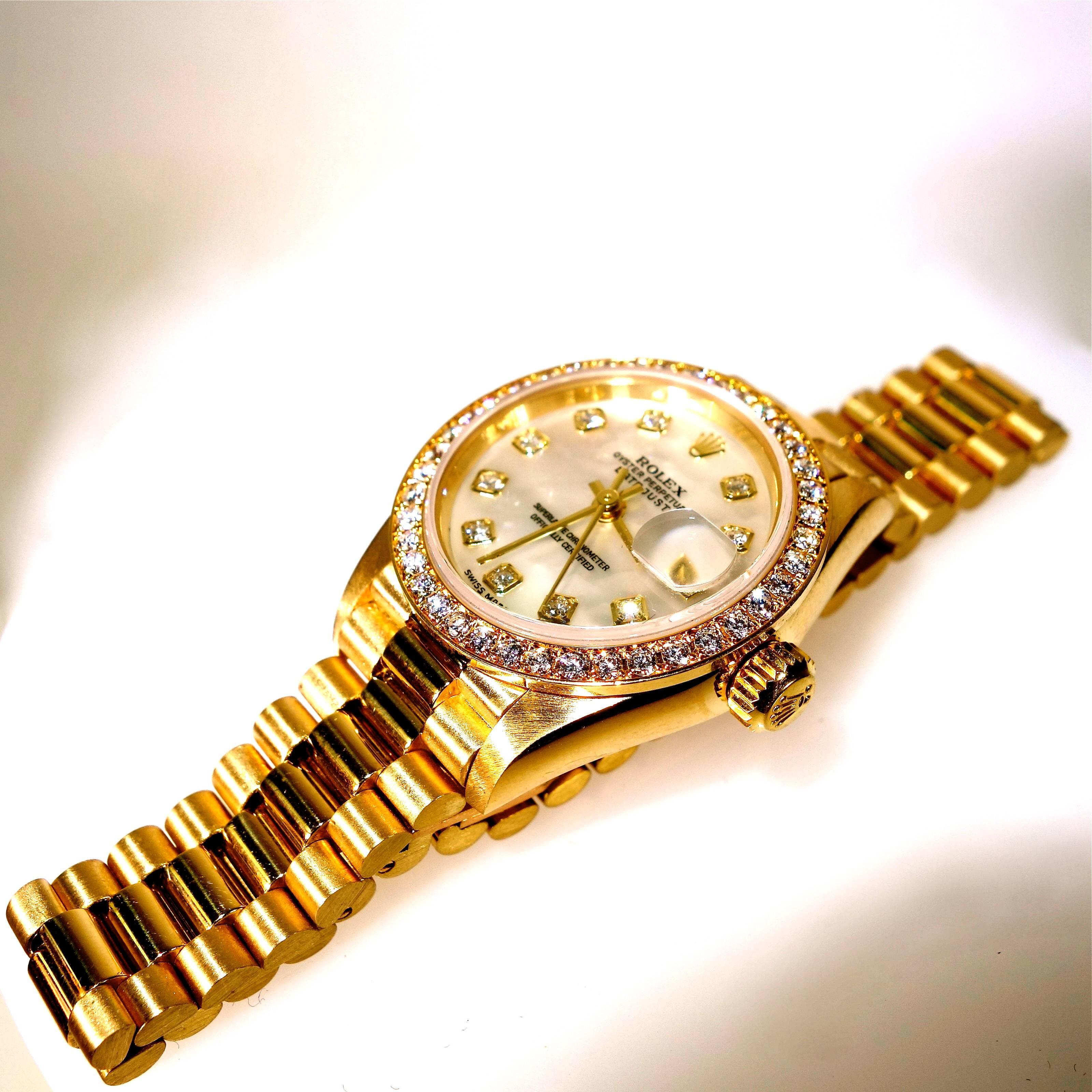 Women's Rolex Lady's Yellow Gold Mother-of-Pearl Diamond President Automatic Wristwatch