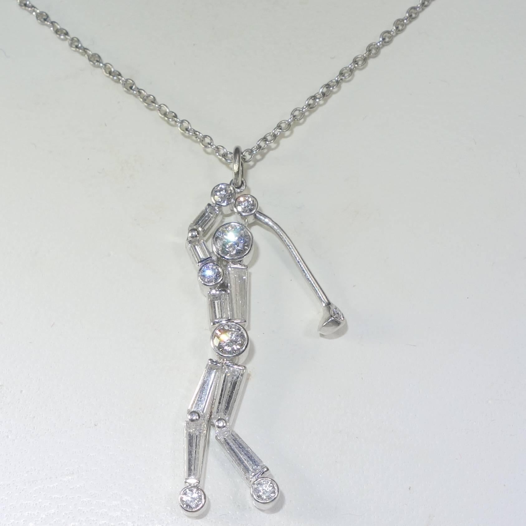 Platinum necklace with fancy cut diamonds and round diamonds.  There are .91 cts. of diamonds which include baguette cut diamonds, tapered baguette and round brilliant cut diamonds.  These fine white stones are F/G (colorless to near colorless),